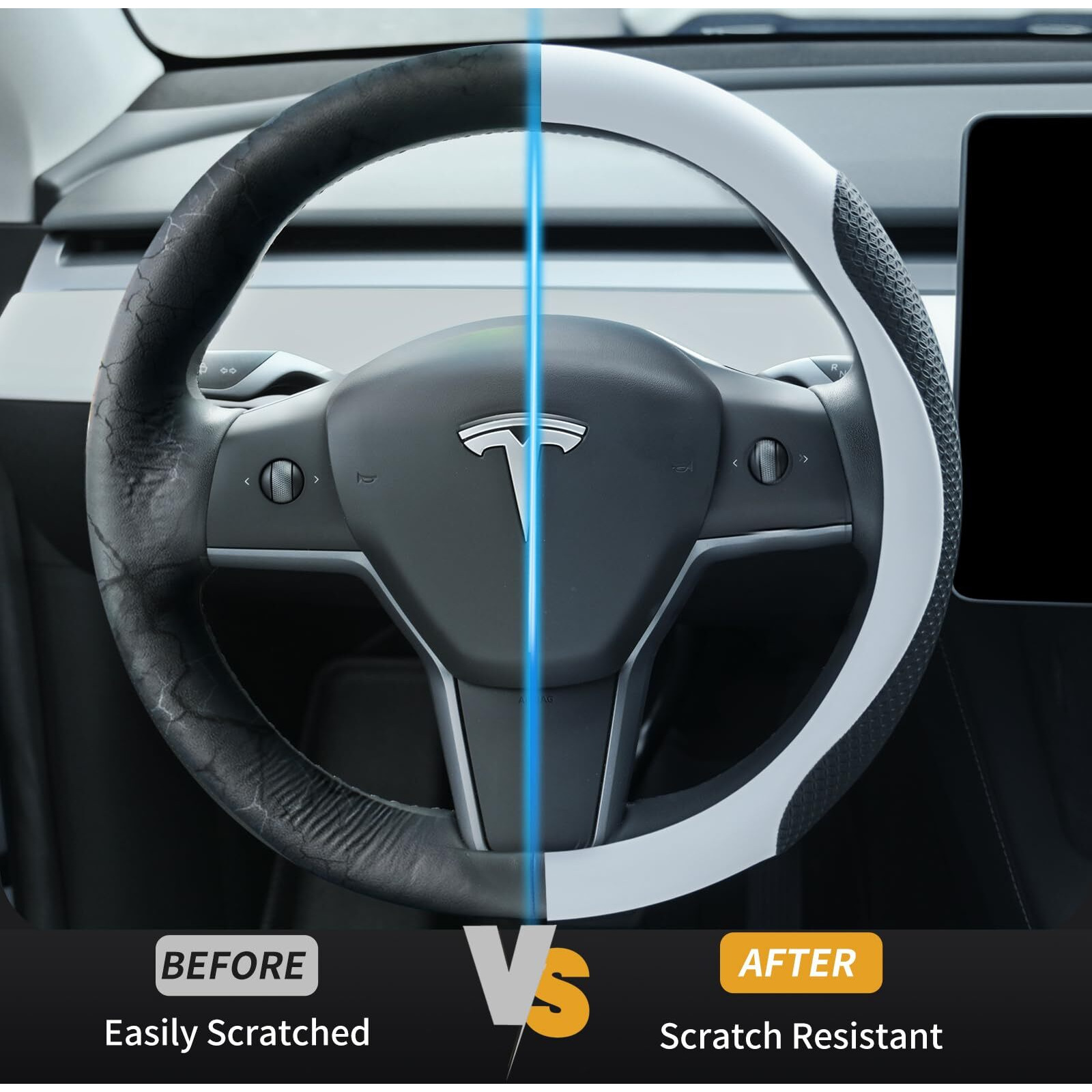 Uxcer Nappa Leather Steering Wheel Cover For Tesla Model 3/Y 2016-2025  Non-Slip Breathable Tesla Model 3/Y Steering Wheel Protector  White