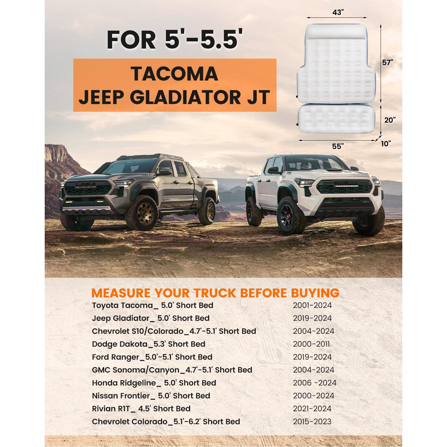 Gotidy Inflatable Truck Bed Mattress For Tacoma Truck Air Mattress 5Ft-5.5Ft For Honda Ridgeline Jeep Gladiator Jt Space-Optimized Design  Built In Pump Detachable Tailgate Section