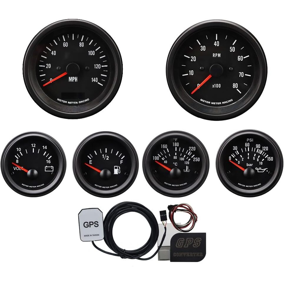 Motor Meter Racing Vd Vintage 6 Gauge Set With Gps Electrical Speedometer Digital Odometer Black Dial Red Needle White Led Illumination 85Mm 3-3/8"" & 52Mm 2-1/16""