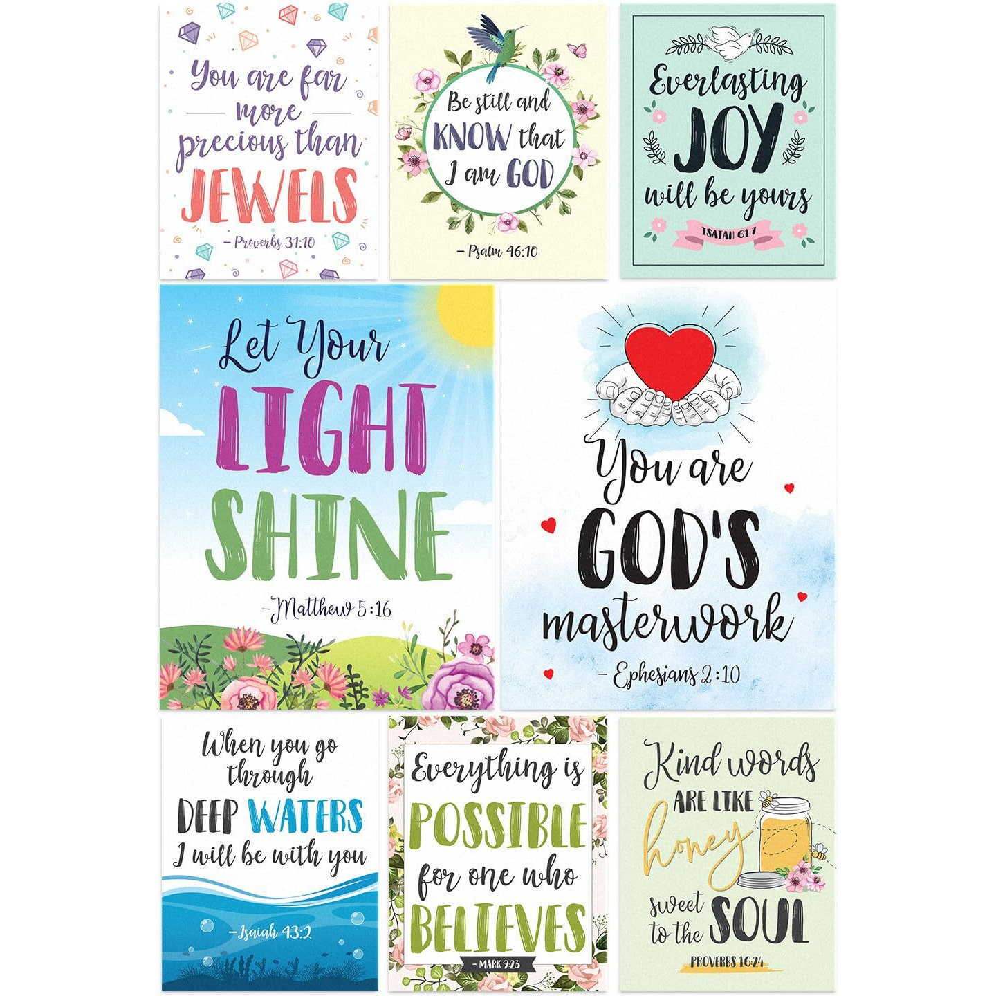 S&O Set Of 8 Scripture Wall Art Poster - Inspirational Faith-Based Artwork - Bible Verse Home Accents - Religious Decor For Prayer Board - Christian Adornments For Living Space & Spiritual Decorations