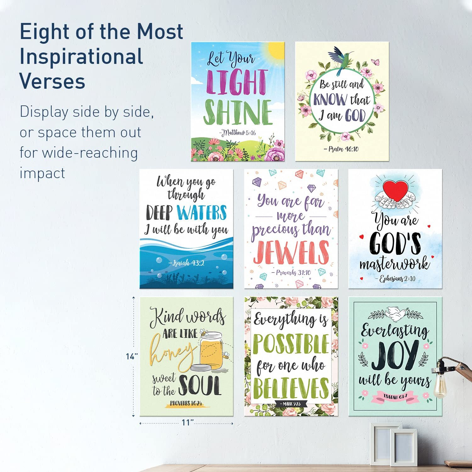 S&O Set Of 8 Scripture Wall Art Poster - Inspirational Faith-Based Artwork - Bible Verse Home Accents - Religious Decor For Prayer Board - Christian Adornments For Living Space & Spiritual Decorations