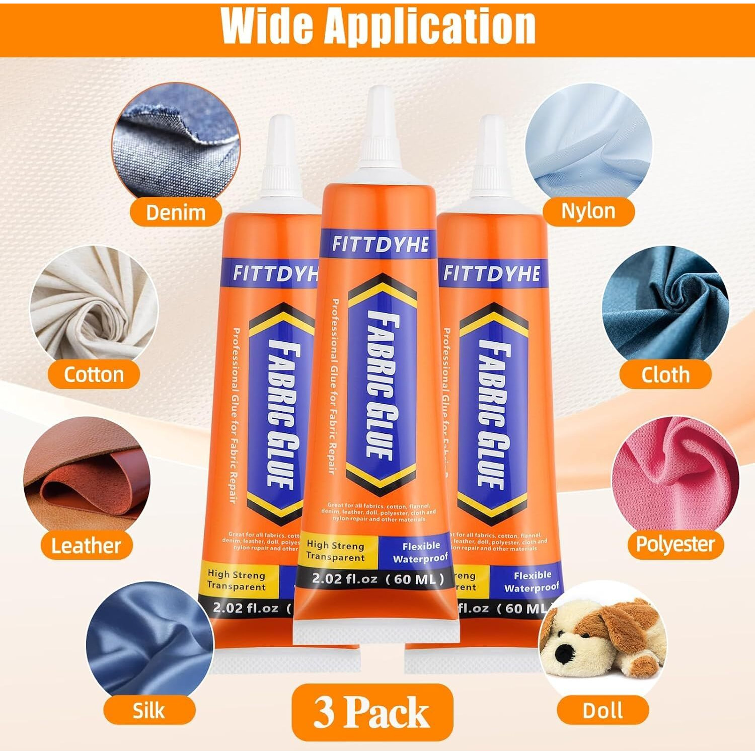 3Pcs Fabric Glue Permanent  60 Ml Washable Clear Clothing Glue  Super Fabric Glue For Rhinestones  Patches  Clothes  Denim  Leather  Polyester  Fabrics  Doll Repair  Flannel  Cotton