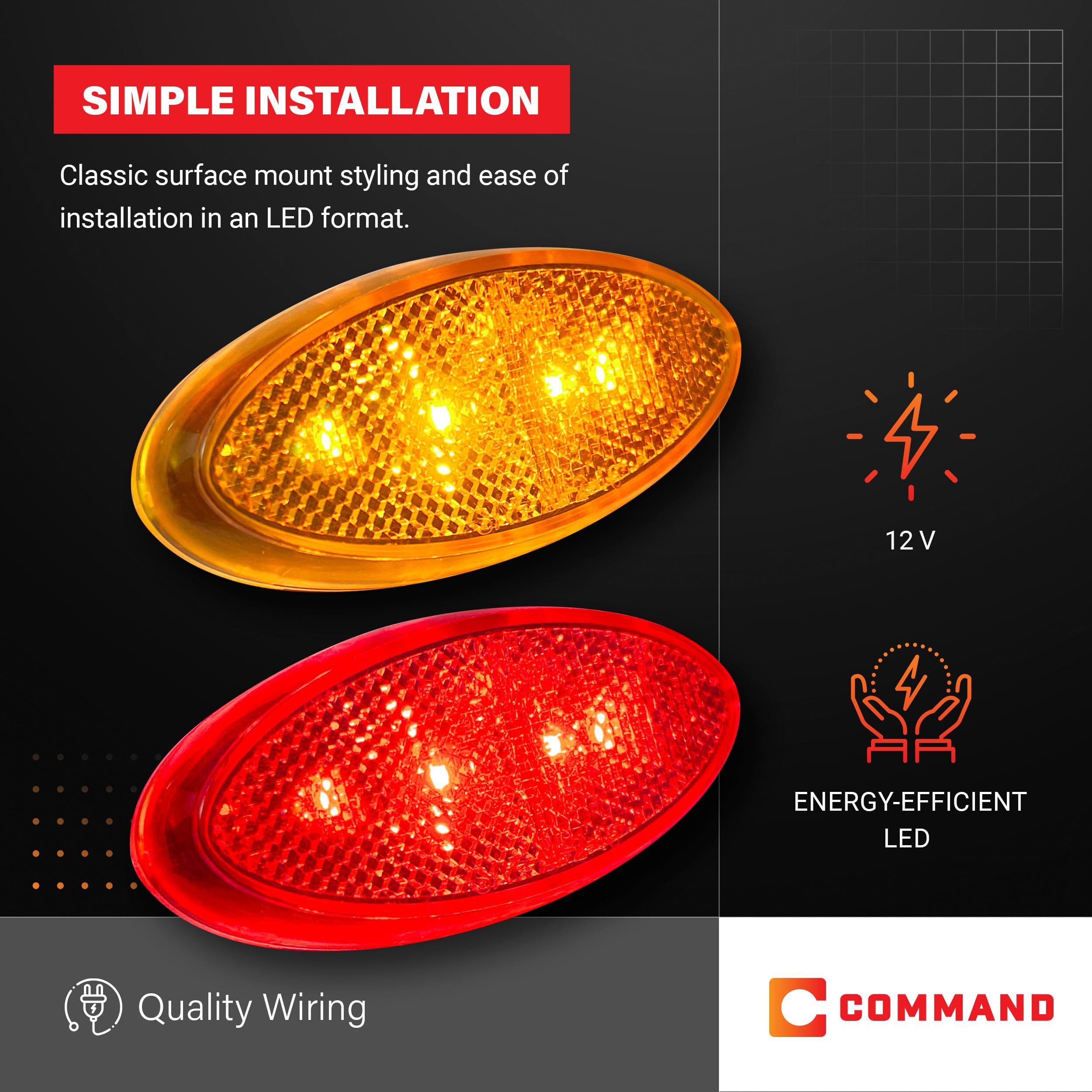 Command Electronics Oem 12V Led Rv & Trailer Oval Clearance Light With Built-In Reflex - Made In Usa - Surface Mount - Amber & Red - 4-Pack