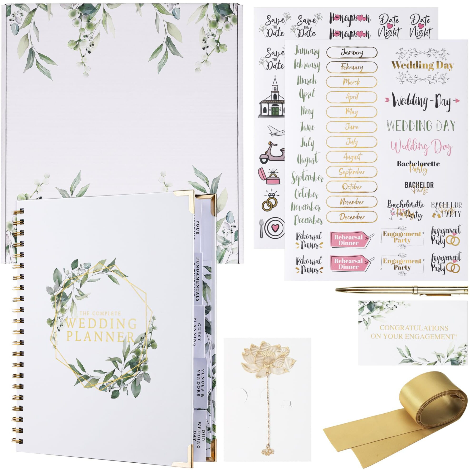 Your Perfect Day Wedding Planner And Organizer Set - Includes Calendars And Checklists Plus Stickers And Gold Pen - Bride To Be Planning Book Binder - Engagement Or Shower Gifts