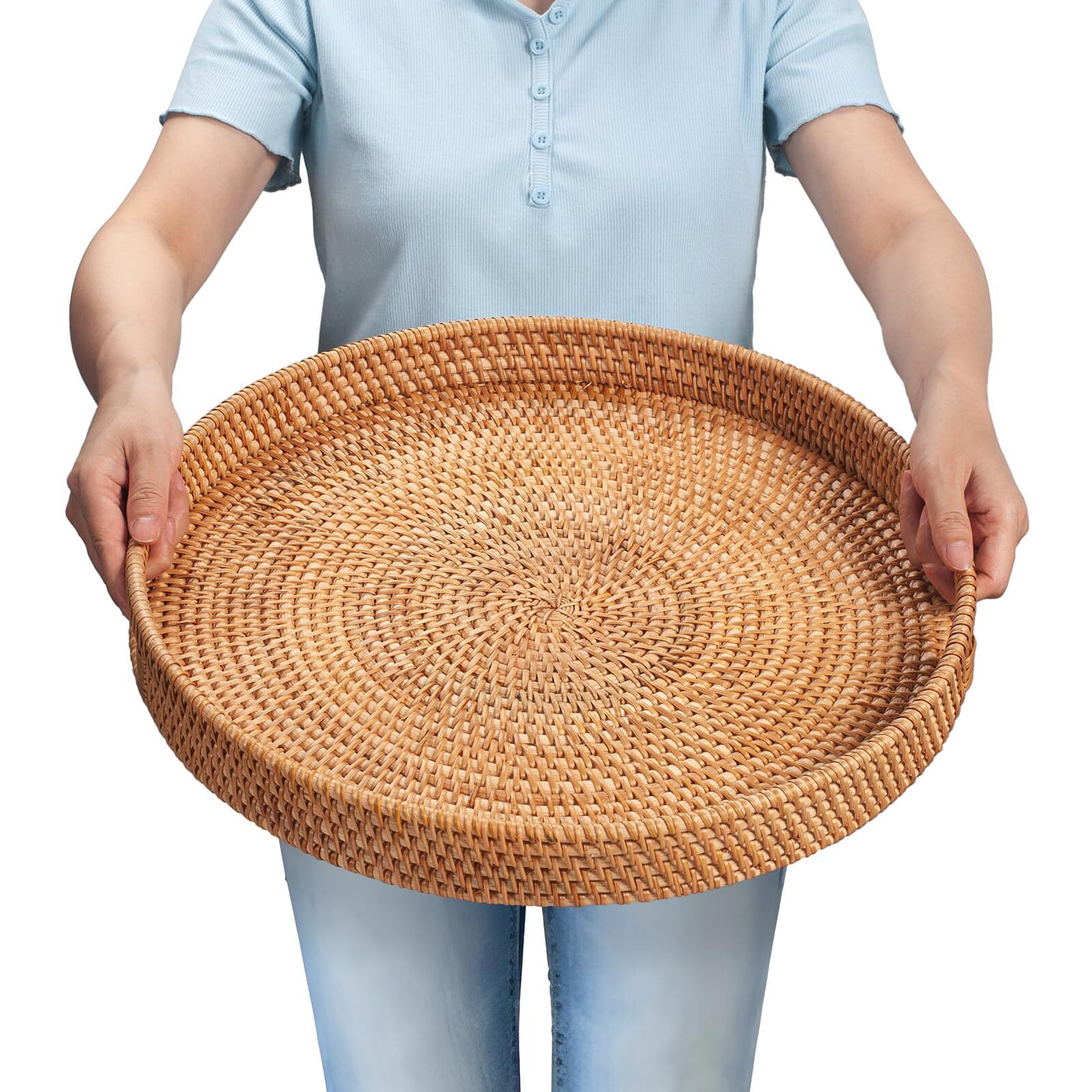 Rattan Serving Tray  Wicker Round Fruit/Bread Serving Basket  Extra Large Decorative Ottoman Tray For Living Room  Coffee Table  Breakfast  16.9 Inch