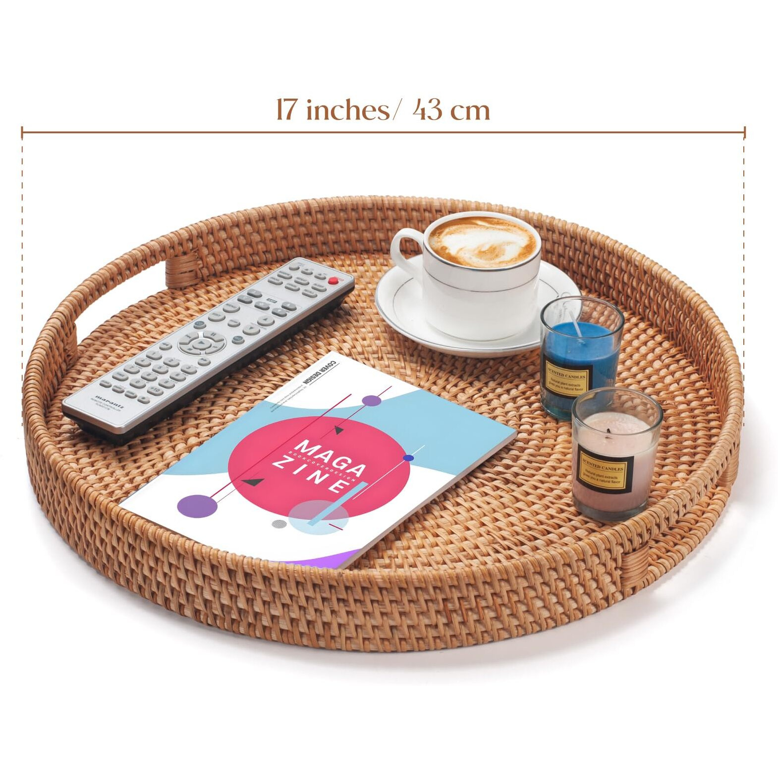 Rattan Serving Tray  Wicker Round Fruit/Bread Serving Basket  Extra Large Decorative Ottoman Tray For Living Room  Coffee Table  Breakfast  16.9 Inch