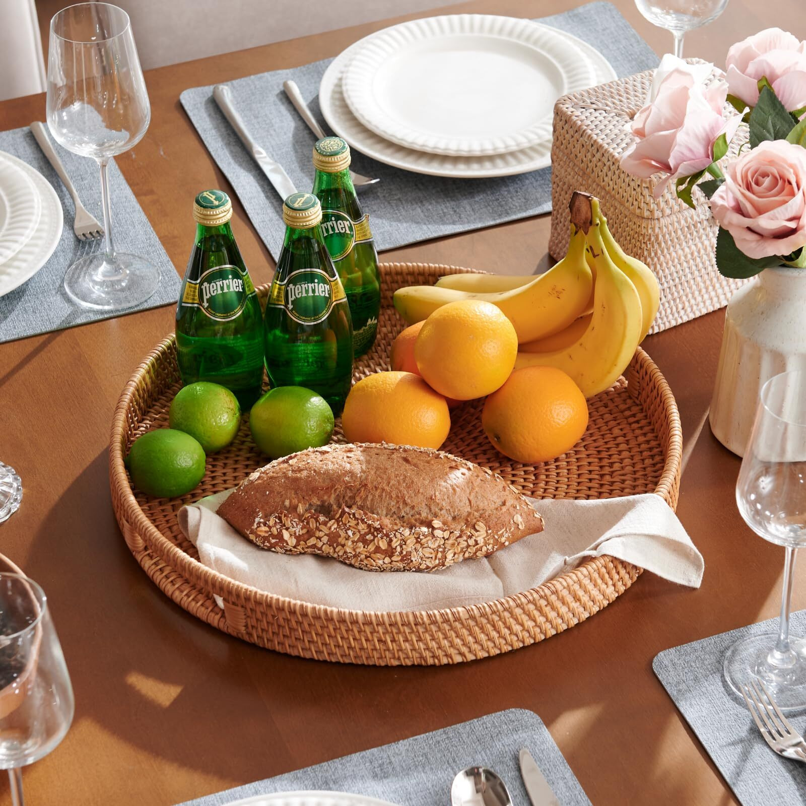 Rattan Serving Tray  Wicker Round Fruit/Bread Serving Basket  Extra Large Decorative Ottoman Tray For Living Room  Coffee Table  Breakfast  16.9 Inch