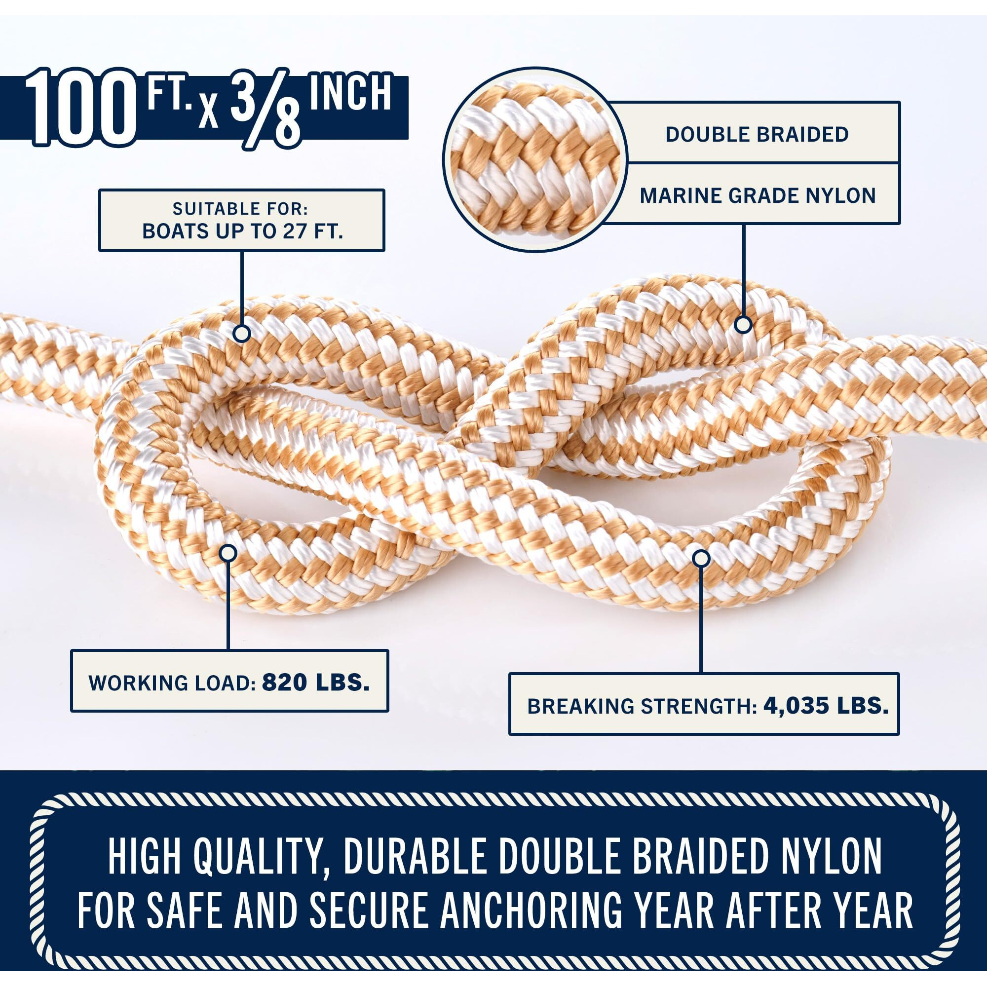 Rainiersupplyco Boat Anchor Rope - Double Braided Marine Rope Anchor Line - 100 Ft X 3/8 Inch Nylon Boating Line With 316 Stainless Steel Thimble And Heavy Duty Marine Grade Bow Shackle - White/Gold