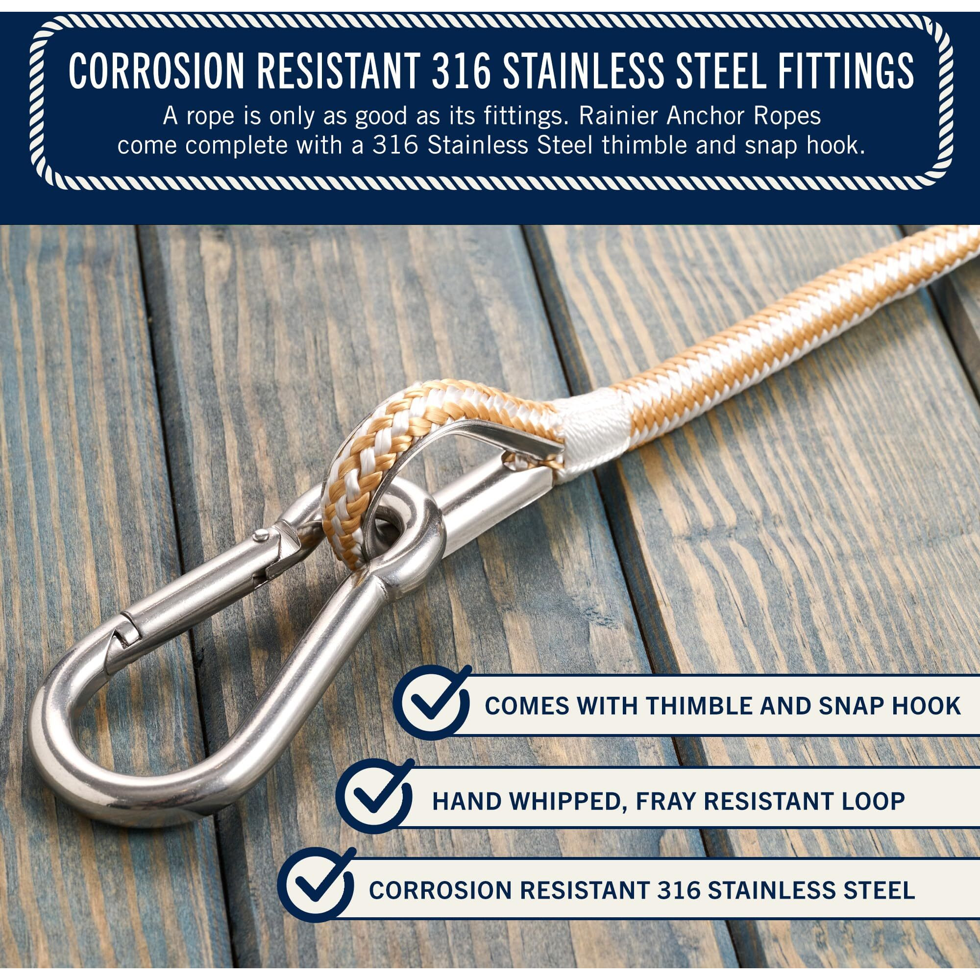 Rainiersupplyco Boat Anchor Rope - Double Braided Marine Rope Anchor Line - 100 Ft X 3/8 Inch Nylon Boating Line With 316 Stainless Steel Thimble And Heavy Duty Marine Grade Bow Shackle - White/Gold