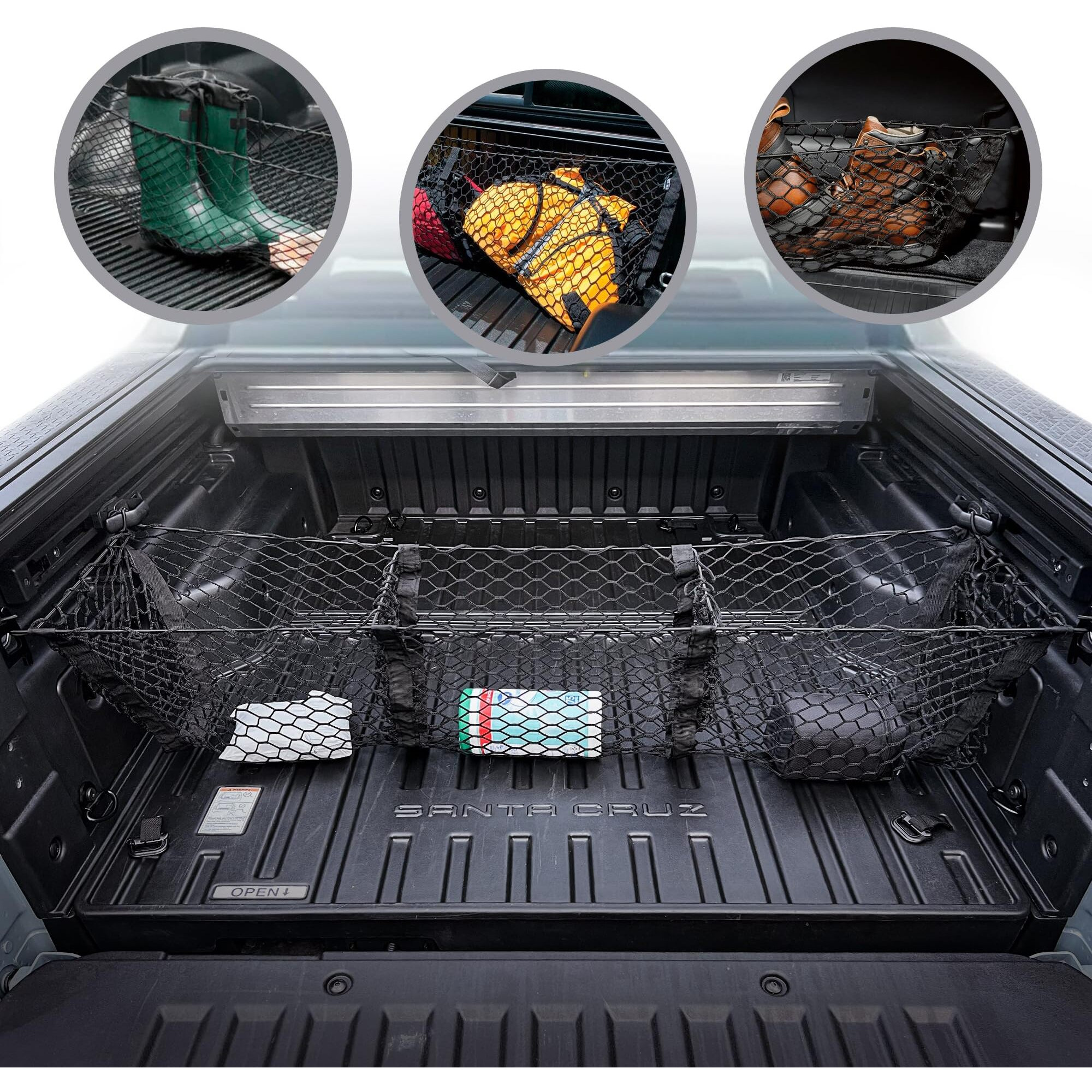 3 Pocket Style Elastic Trunk Cargo Net For Hyundai Santa Cruz 2022-2025 - Premium Trunk Organizers & Storage - Cargo Net For Pickup Truck Bed - Truck Bed Divider - Car Organizer For Pickup