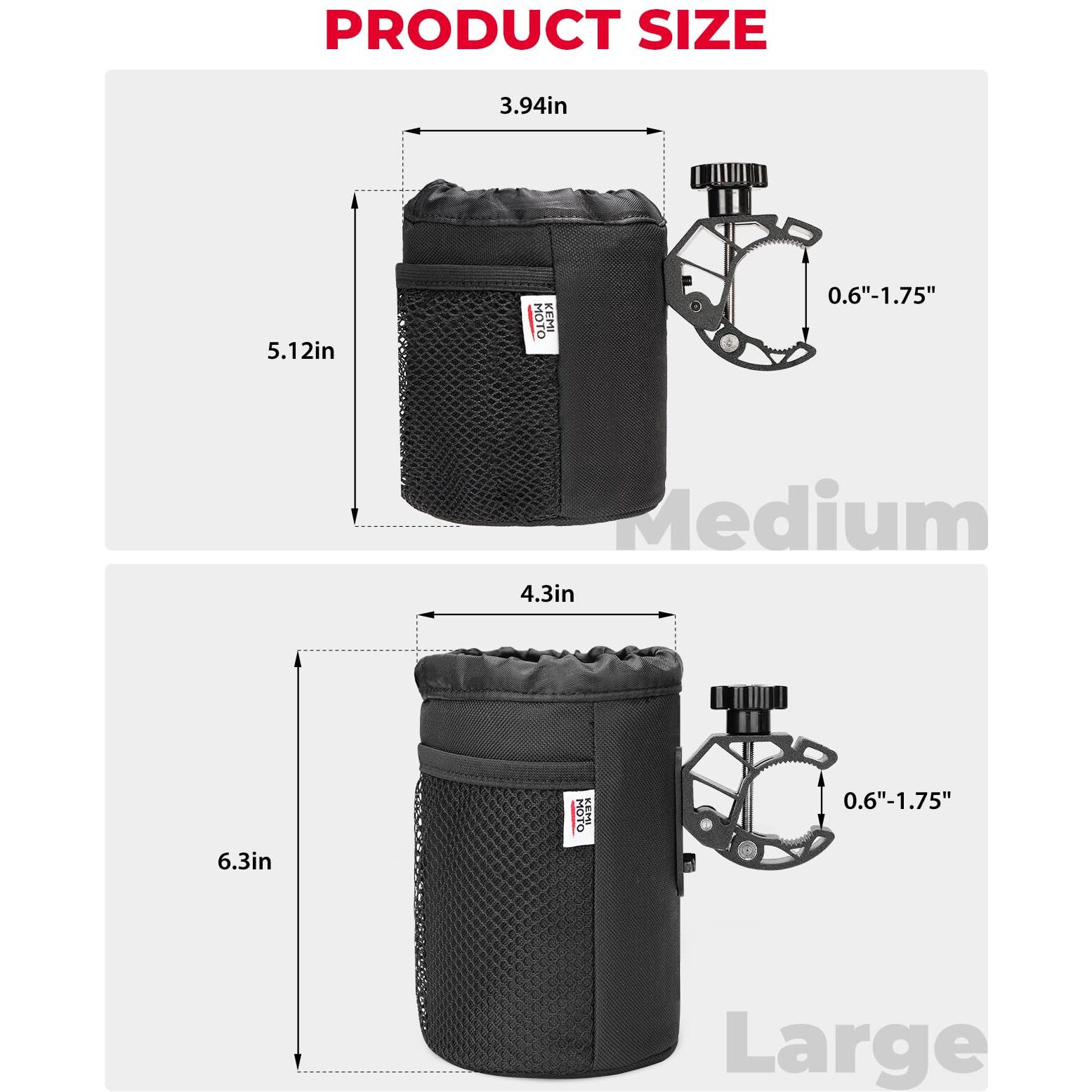 Kemimoto Motorcycle Cup Holder  Oxford Fabric Motorcycle Drink Holder With 0.6""-1.5"" Alligator Clamp  Universal Water Bottle Cup Accessories For Bike  Atv/Utv  Scooter  Boat  Walker  Black L