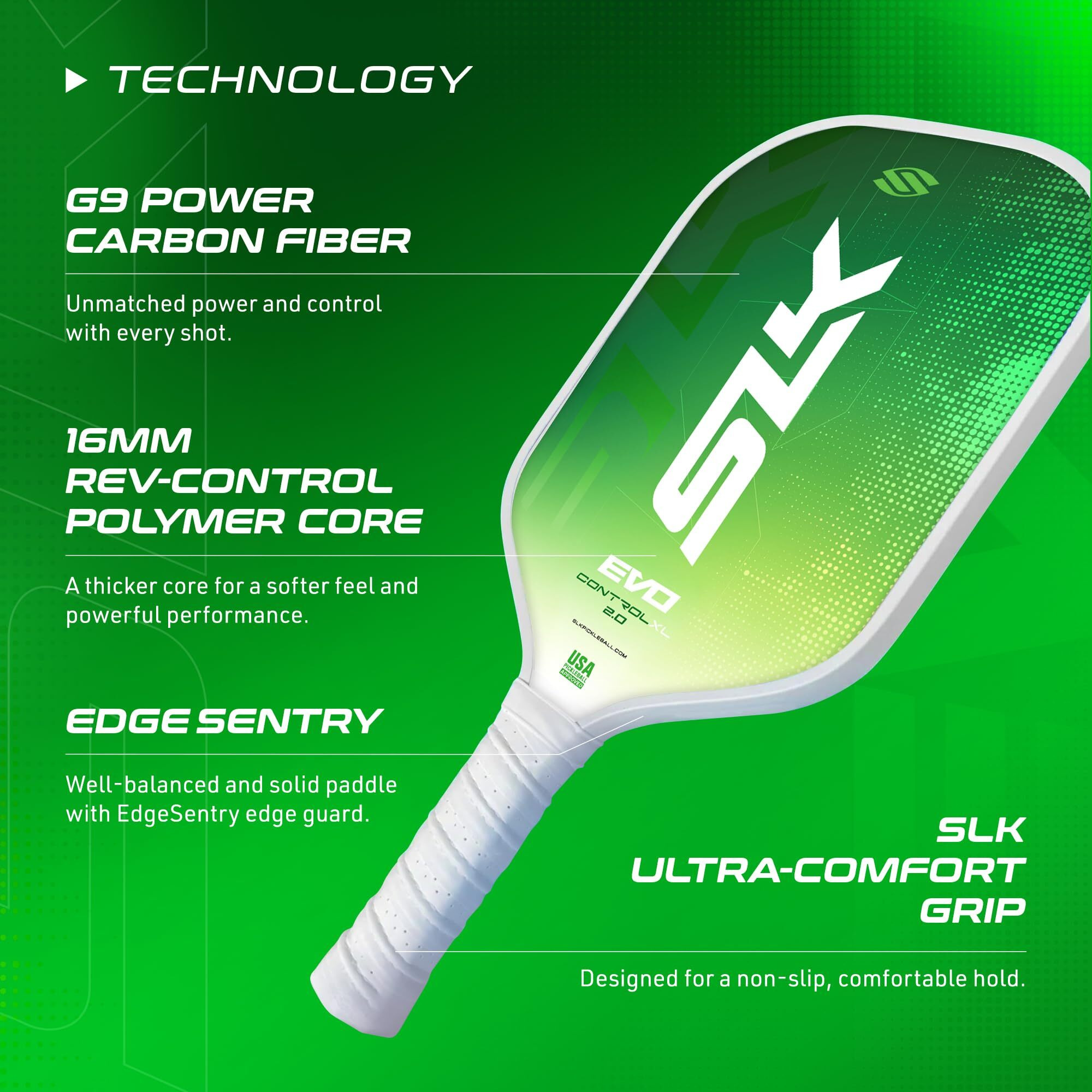 Selkirk Sport Slk Evo Control Xl Pickleball Paddle | G8 Power Carbon Fiber Pickleball Paddle Face With Spinflex Surface And Rev-Control Polymer Core | Control Green Xl