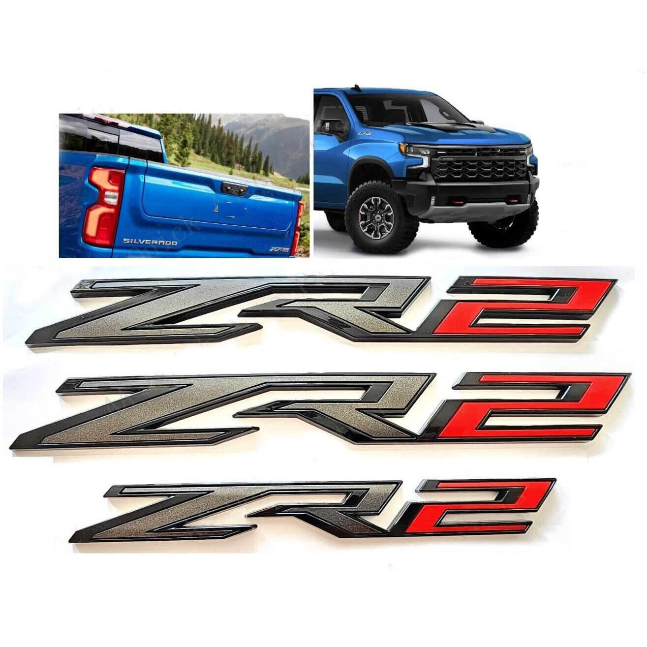 3Pack Oem Two Side Zr2 Emblems Badges Plus Rear Zr2 Compatible With Silverado Colorado 84865797 (Black Red)