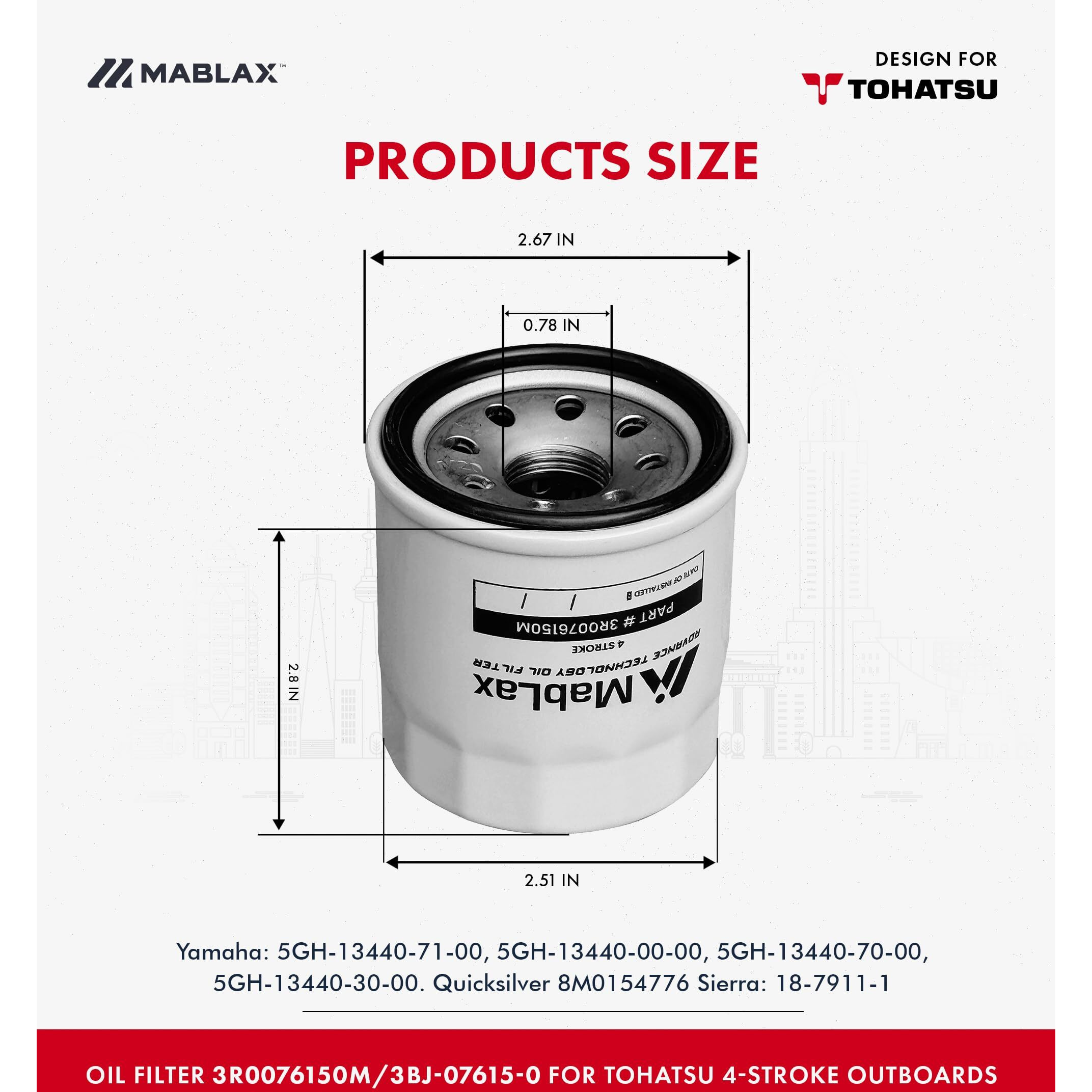 Oil Filter 3R0076150M For Tohatsu 4-Stroke Outboards - Fits 9.9-60 Hp Engines  3Bj-07615-0 Replace With Yamaha Quicksilver & Sierra | Tohatsu Outboard Oil Filter | By Mablax