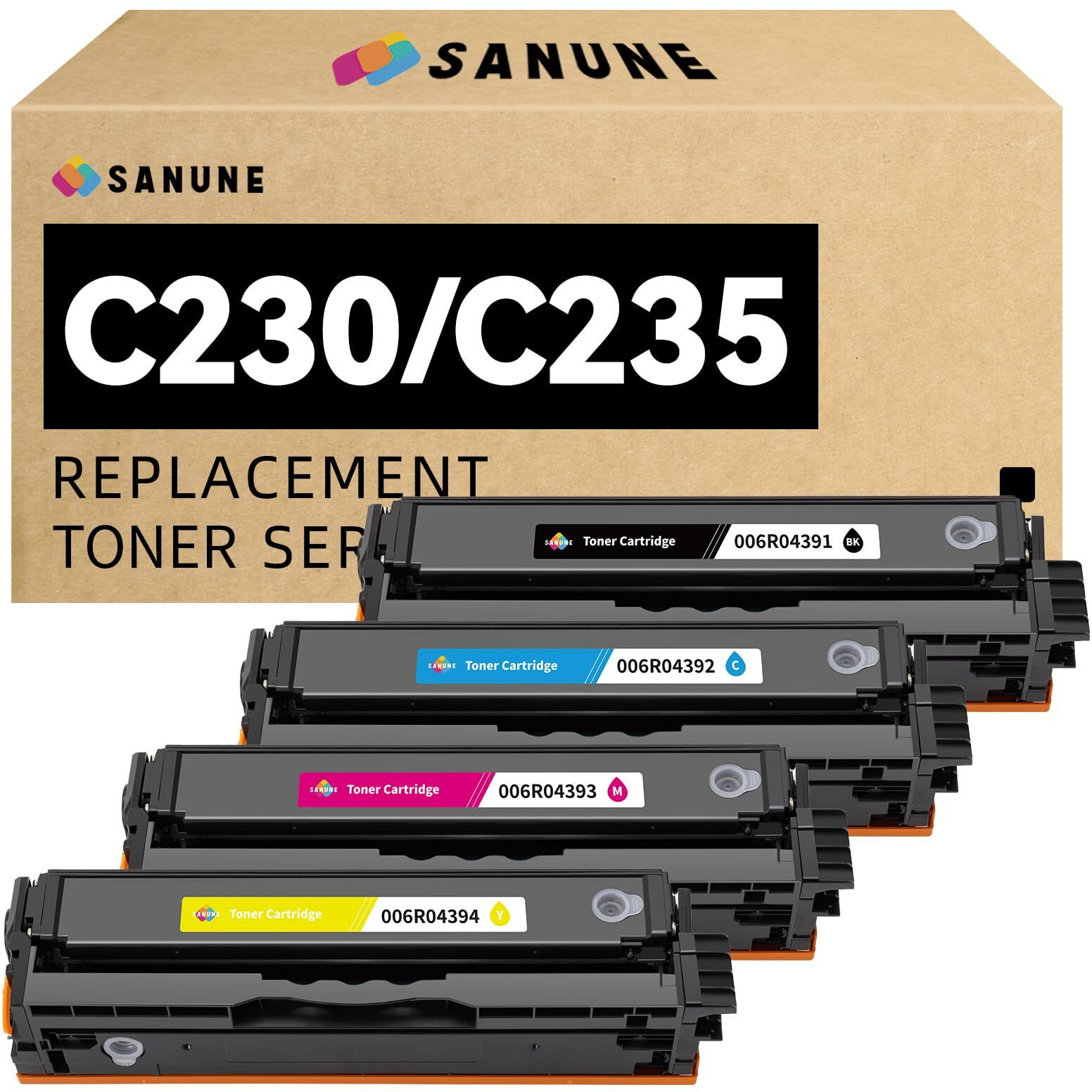 Sanune C230 C235 High Yield Toner Cartridge With Chip Replacement For Xerox 006R04391 006R04392 006R04393 006R04394 Black Cyan Magenta Yellow For Xerox C230 C230/Dni C235 C235/Dni Printer Ink (4 Pack)