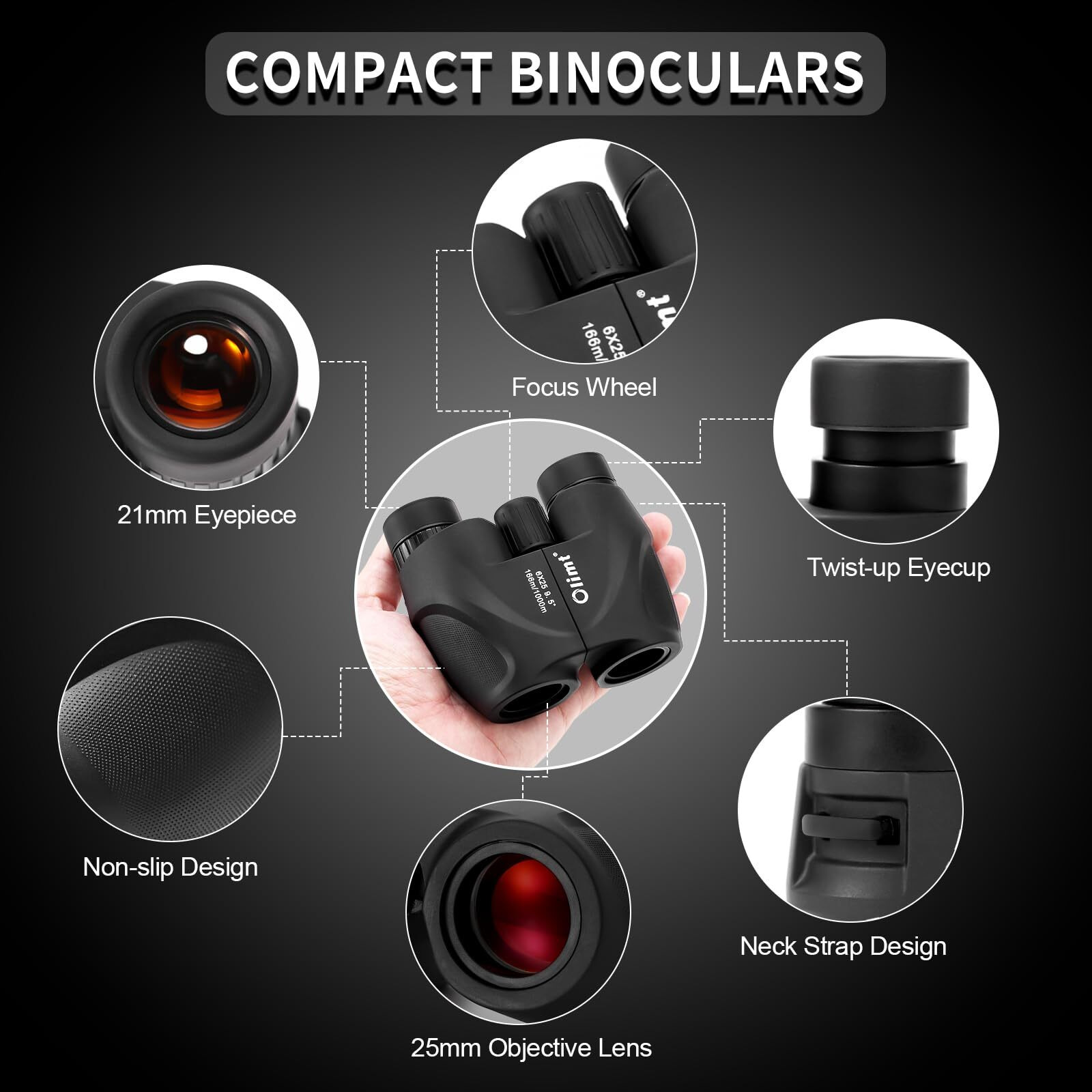 6X25 Compact Binoculars  Bak-4 Prism 9.5 Wide Field Of View 21Mm Eyepiece With Ed Lens  Black
