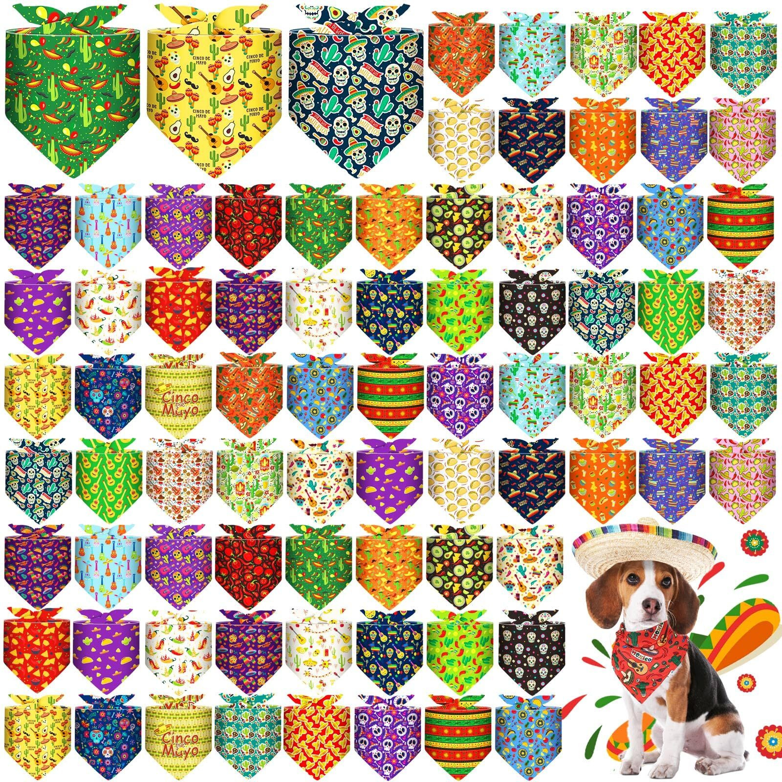 Bulyoou 72 Pcs Mexican Dog Bandanas Bulk Cinco De Mayo Bandanas For Dogs Adjustable Washable Pet Triangle Scarf Soft Kerchief Bib For Mexican Holiday Pet Costume Accessories