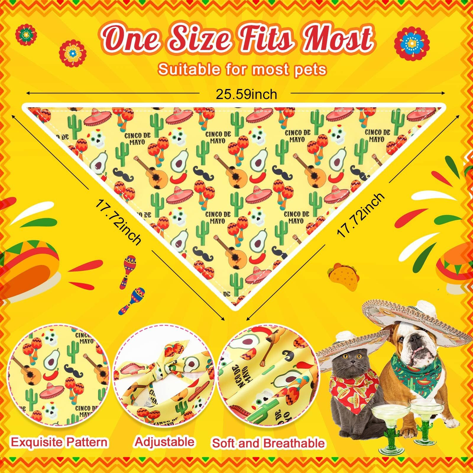Bulyoou 72 Pcs Mexican Dog Bandanas Bulk Cinco De Mayo Bandanas For Dogs Adjustable Washable Pet Triangle Scarf Soft Kerchief Bib For Mexican Holiday Pet Costume Accessories
