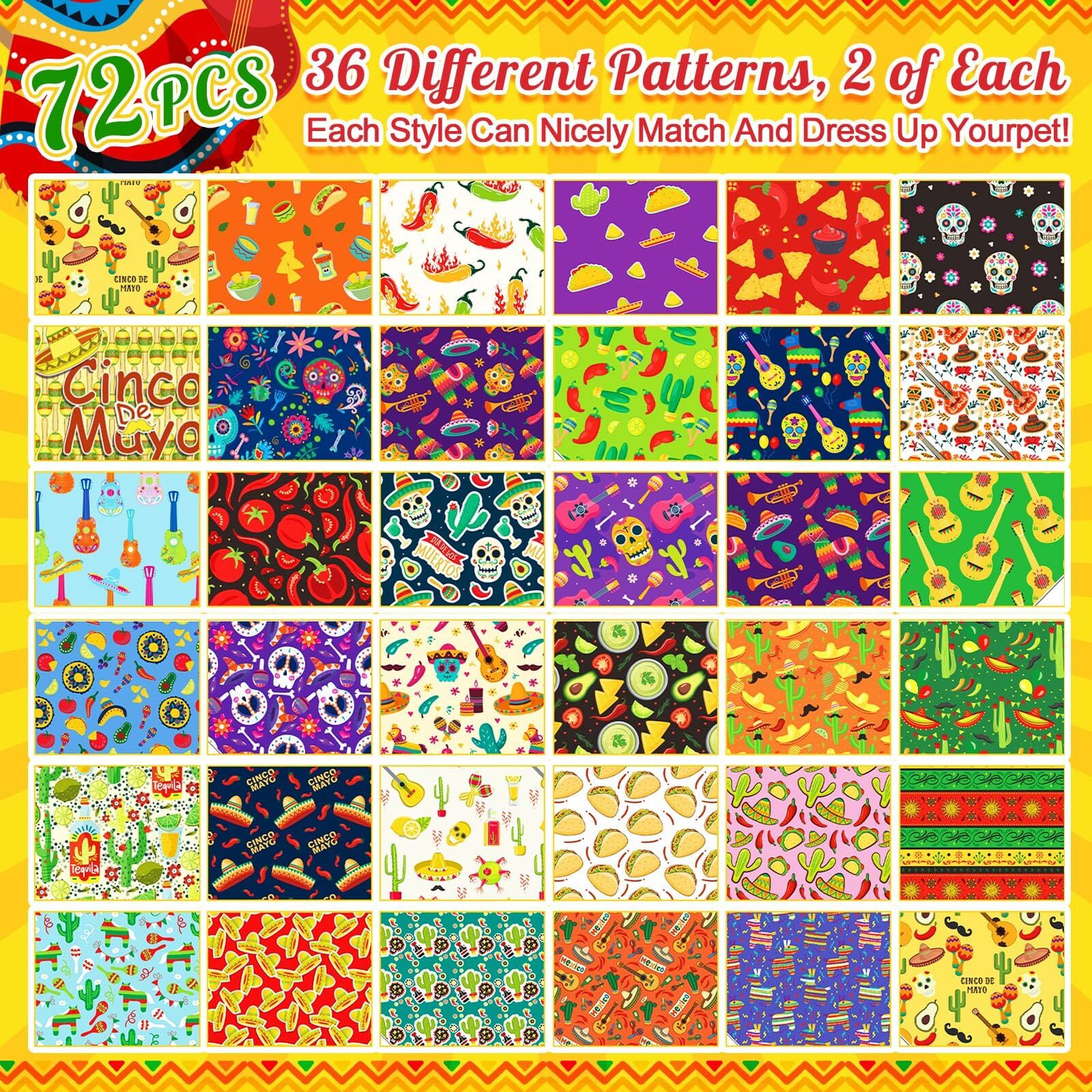 Bulyoou 72 Pcs Mexican Dog Bandanas Bulk Cinco De Mayo Bandanas For Dogs Adjustable Washable Pet Triangle Scarf Soft Kerchief Bib For Mexican Holiday Pet Costume Accessories