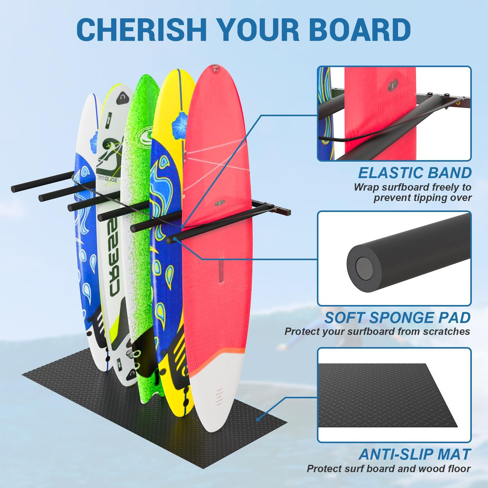 Lxvooee Vertical Surfboard Rack For Wall  Surfboard Wall Mount With Bungee Cord And Rubber Mat  Metal Garage Surfboard Stand Wall Decor For Surf Board  Sup Paddle Board  Wakeboard  Snowboard (6 Arms)