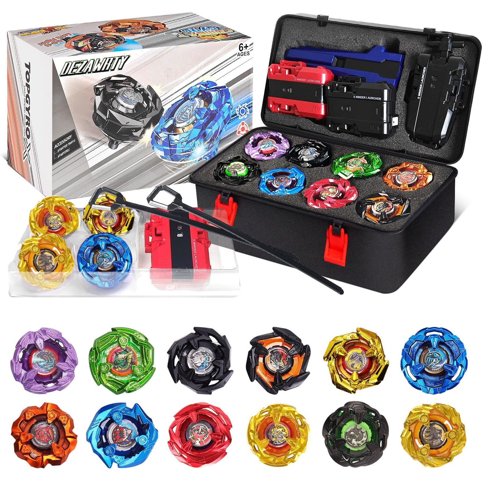 Dezawrty X Battling Set  12 Spinning Tops  3 Launchers And 1 Grip With Storage Box  Kids Toys Birthday Gift Ideal For 6+ Years Old Boys