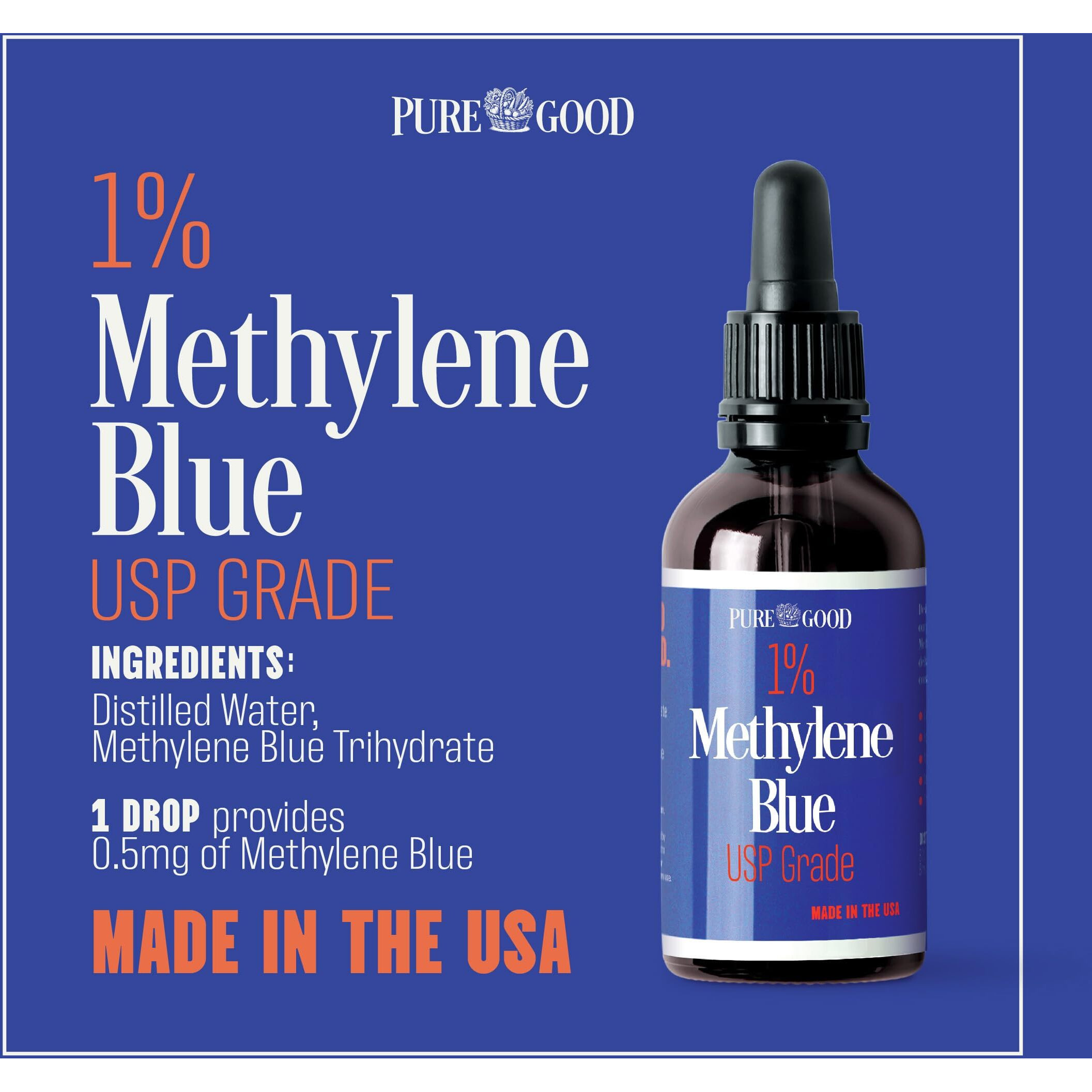 Puregood Pharmaceutical Grade Methylene Blue 1% (1 Oz) | Usp Grade  Third-Party Tested  Alcohol Free  Amber Dropper Bottle