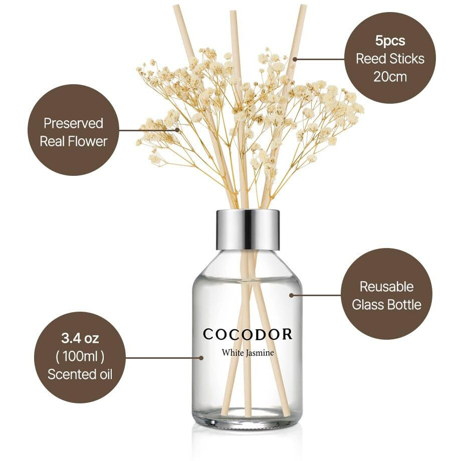 Cocodor Flower Reed Diffuser Set / 3.4Oz / Dark Vanilla&Sandalwood/Scent Diffuser With Sticks Home Fragrance Reed Diffuser For Bathroom Shelf Decor