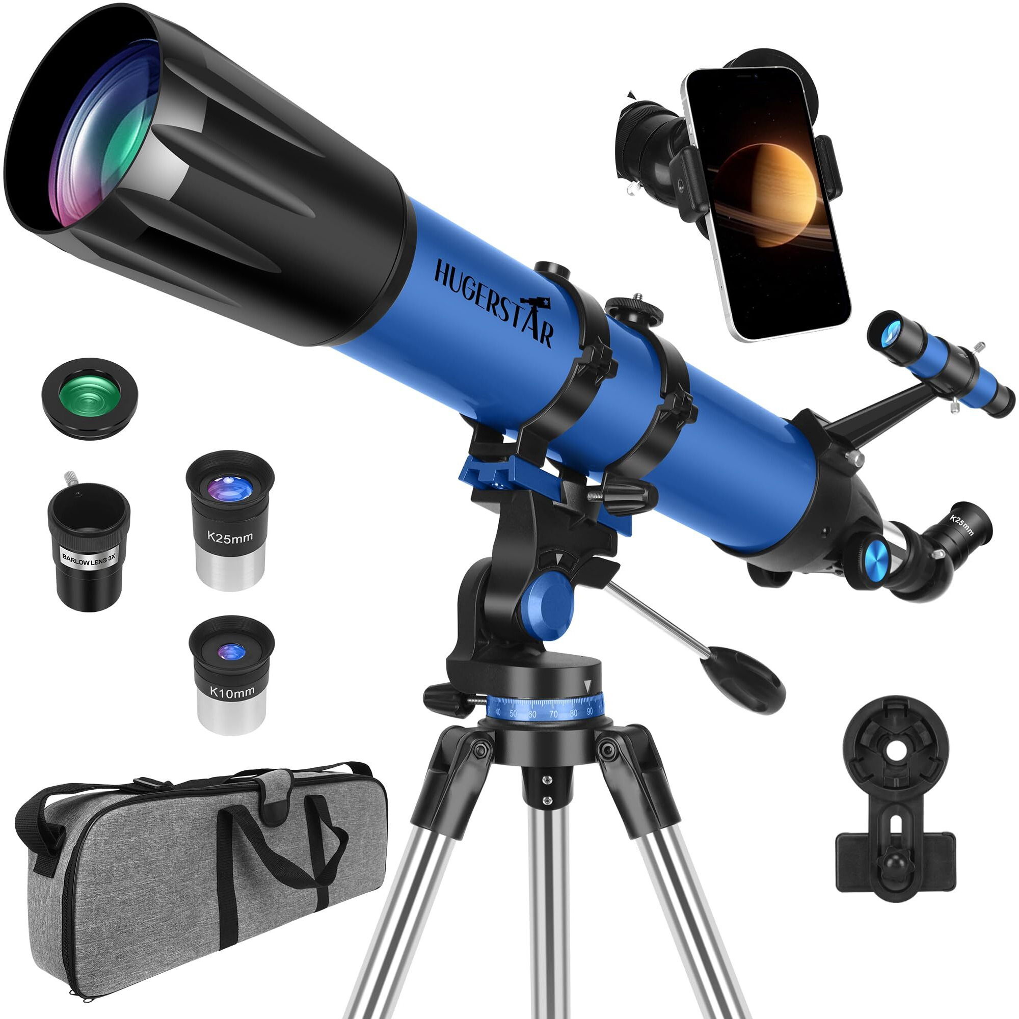 Hugerstar Telescope  Telescope For Adults High Powered  90Mm Aperture 800Mm Professional Refractor Telescopes For Adults Astronomy Beginners With Az Mount Stainless Tripod  Carry Bag And Moon Filter