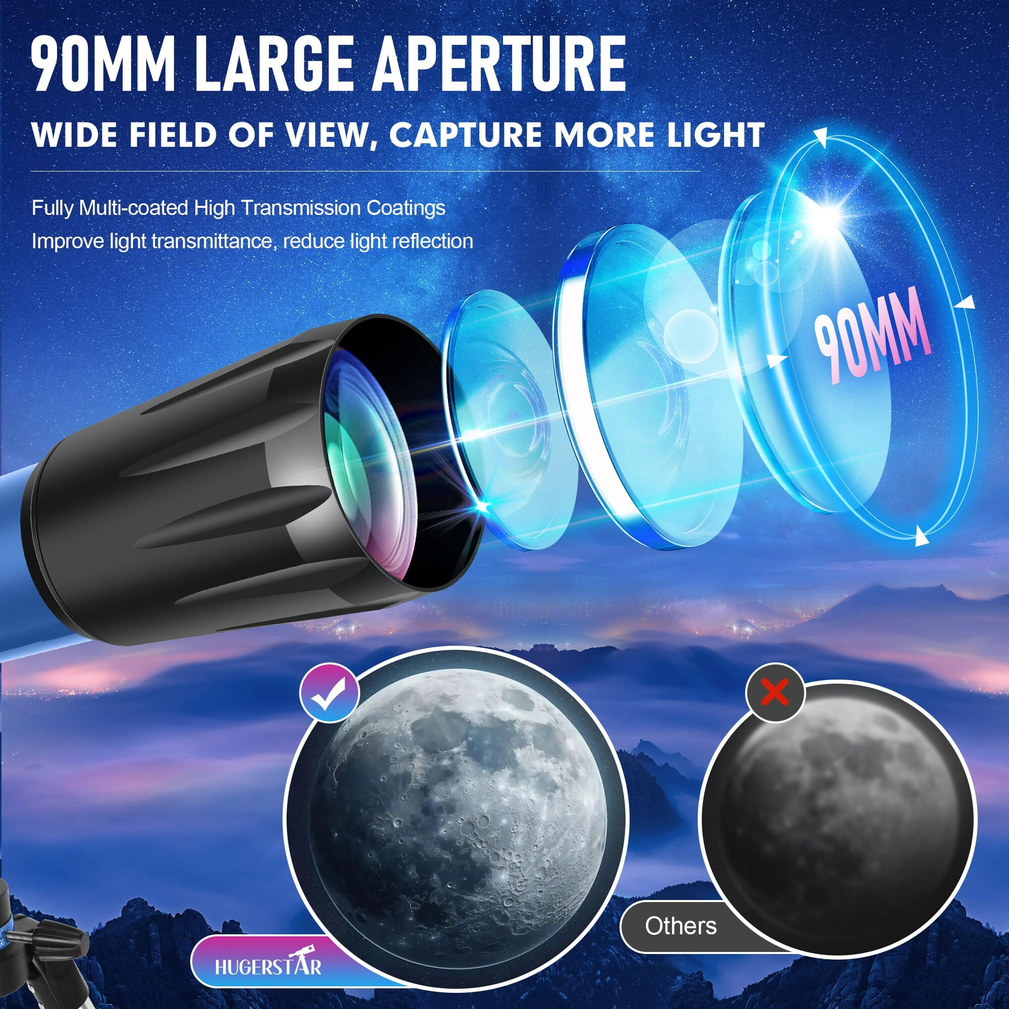 Hugerstar Telescope  Telescope For Adults High Powered  90Mm Aperture 800Mm Professional Refractor Telescopes For Adults Astronomy Beginners With Az Mount Stainless Tripod  Carry Bag And Moon Filter