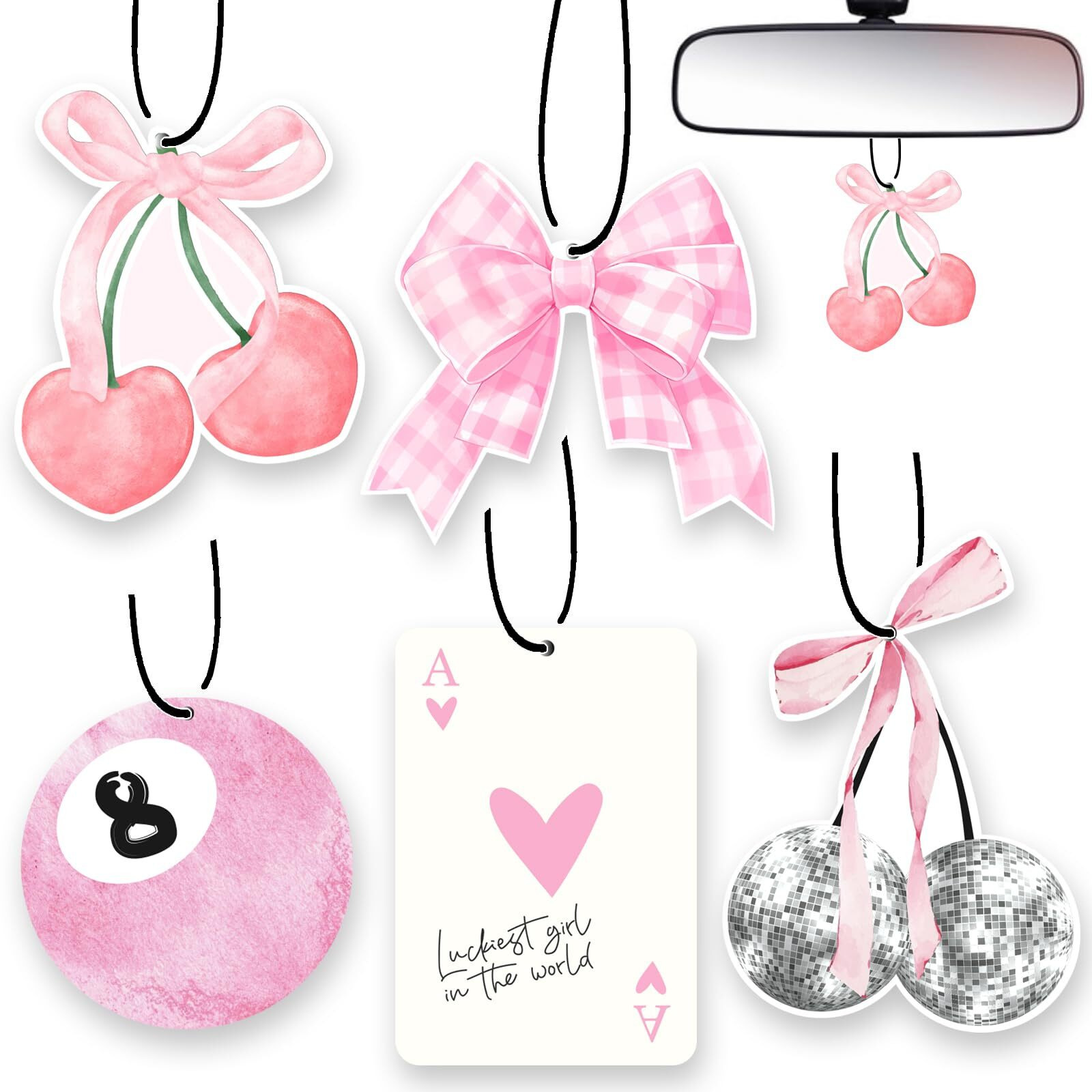 Joytezz Car Air Freshener 5Pcs Cute Pink Bow Cherry Conquette Automotive Accessories Car Interior Hanging Scents Decor For Women Teen Girls