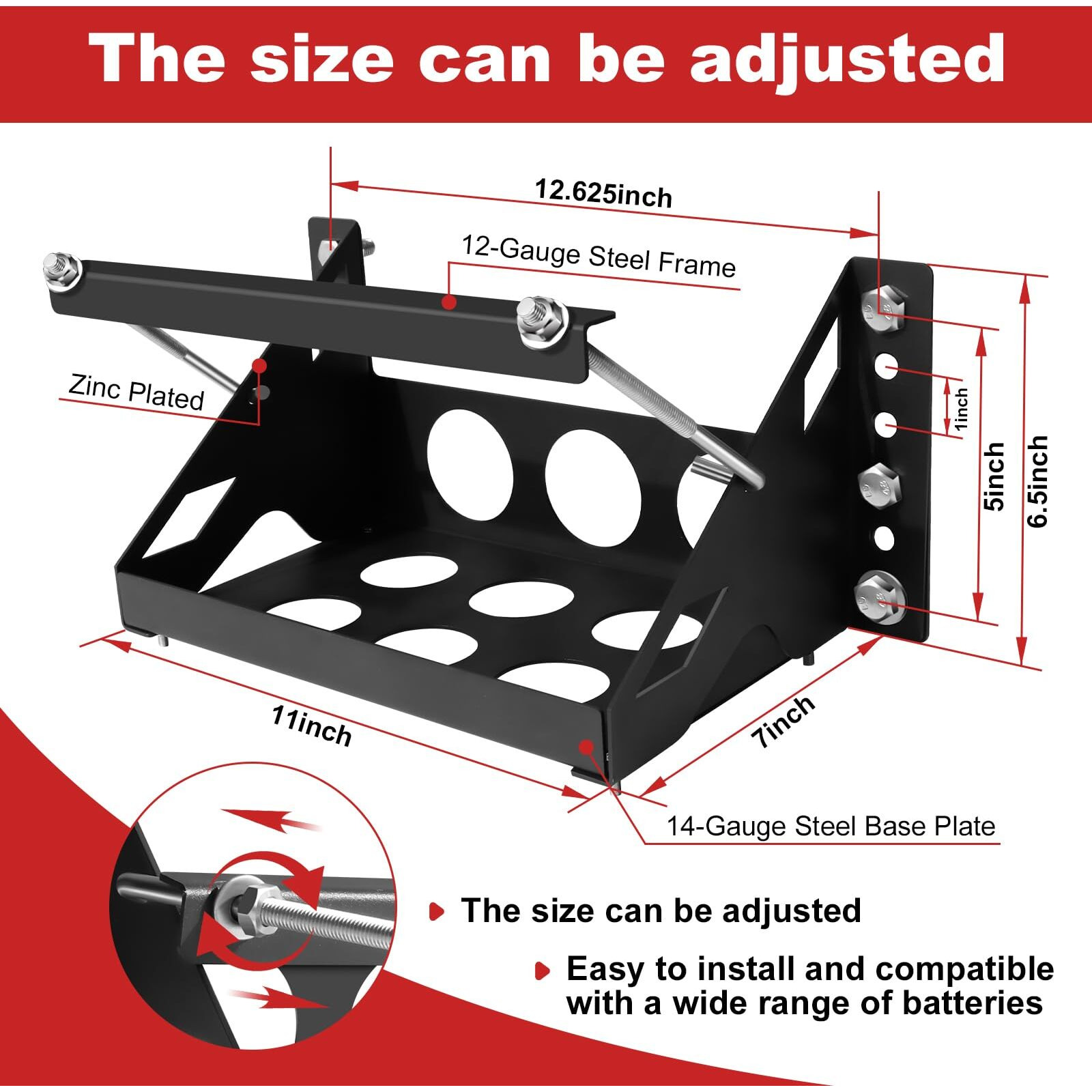 Heavy-Duty Metal Battery Mounting Tray Bracket - Universal Bolt-In Steel Battery Box For Cars  Trucks  Boats  Rvs  And Trailers (Fits Up To 10.63 "&quot7.06 "&quot7.5 "")