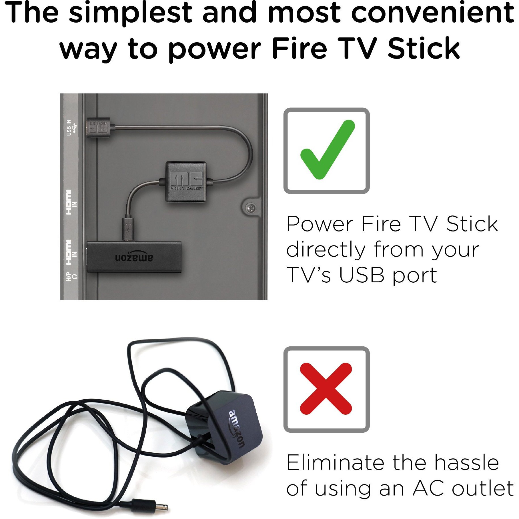 Mission Power Usb Cable For Powering Fire Tv Stick [Not Compatible With New Fire Tv Stick]