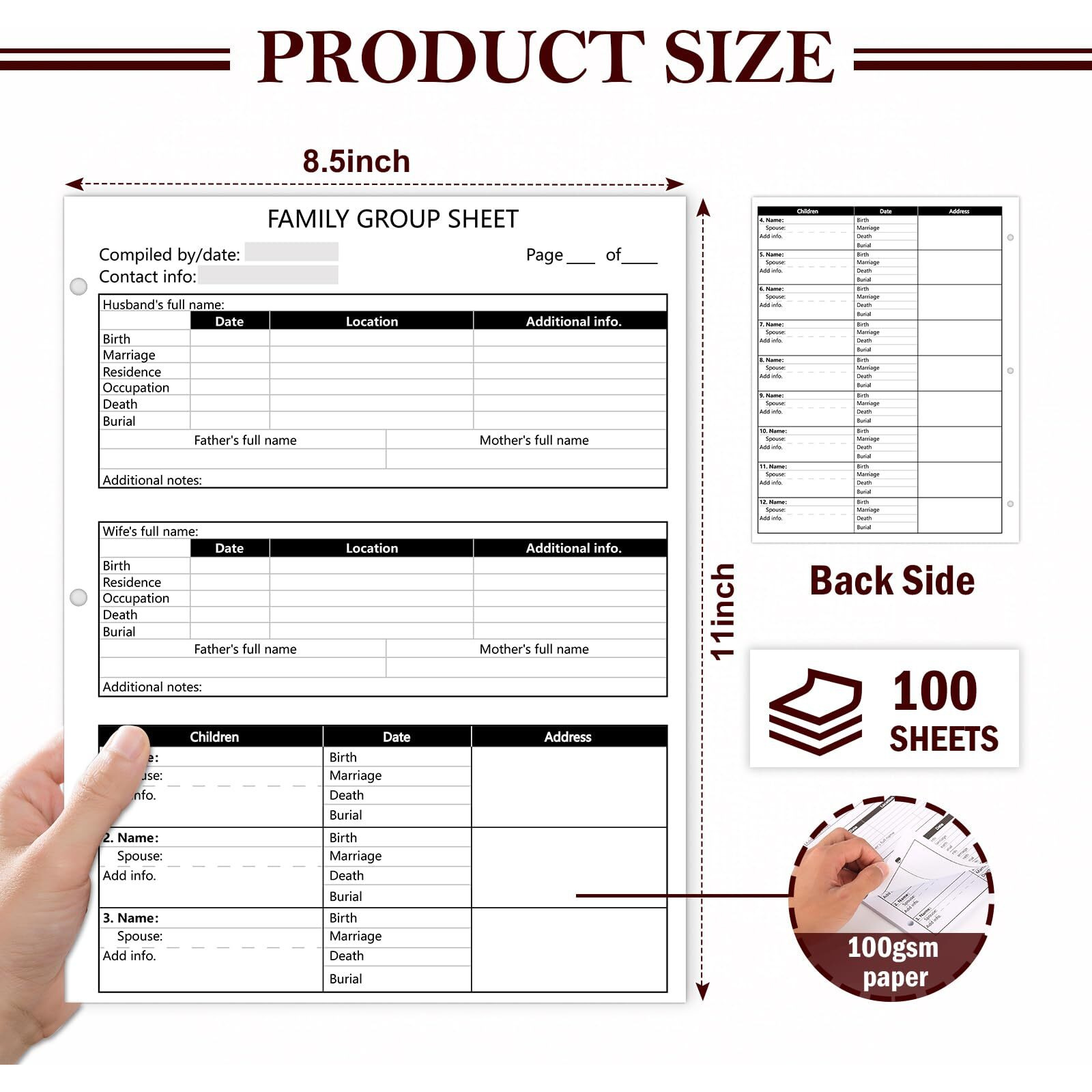 100 Sheets 3 Hole 12Th Generation Family Group Sheets Two-Sided Blank Genealogy Forms 8.511 Inch Family Tree Charts Genealogy Worksheets Archival Supplies For Research Ancestry Family Member History