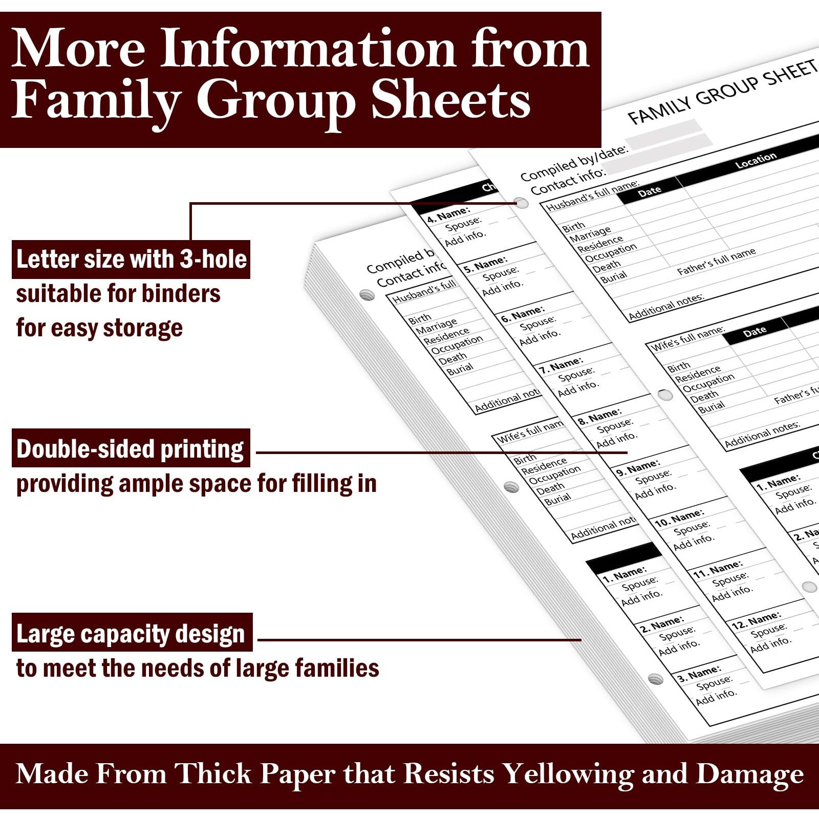 100 Sheets 3 Hole 12Th Generation Family Group Sheets Two-Sided Blank Genealogy Forms 8.511 Inch Family Tree Charts Genealogy Worksheets Archival Supplies For Research Ancestry Family Member History