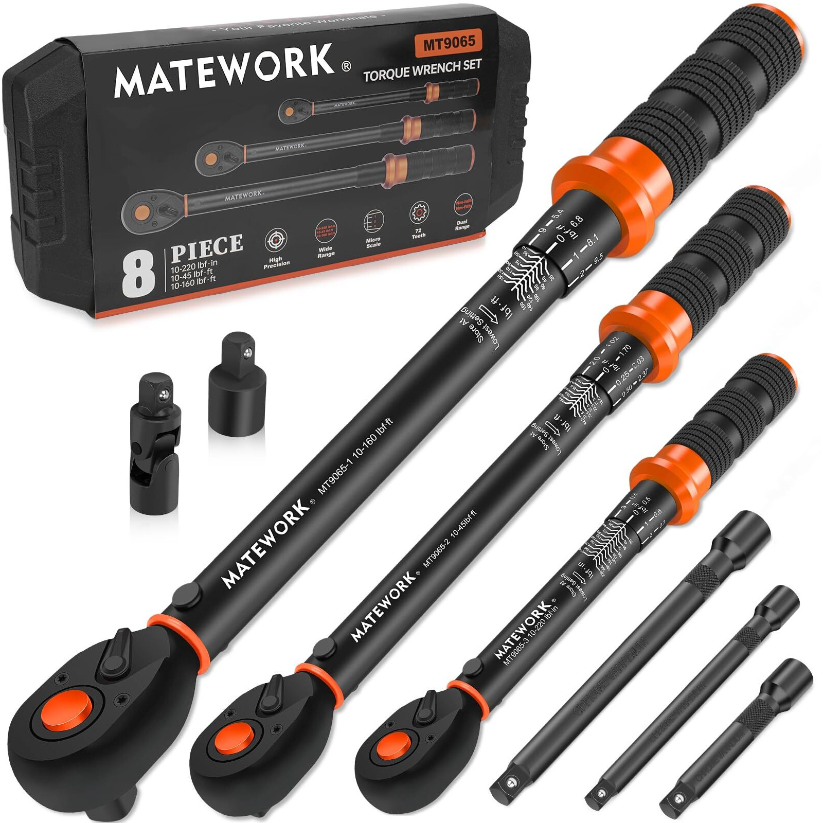 Upgraded Torque Wrench Set 8Pcs  1/4 3/8 1/2 Inch Drive Click Torque Wrench  10-220In.Lb  10-45Ft.Lb  10-160Ft.Lb  72-Tooth Dual Scale  3% Accuracy  5 Adapters  For Bike  Moto  Car Repair And Maint