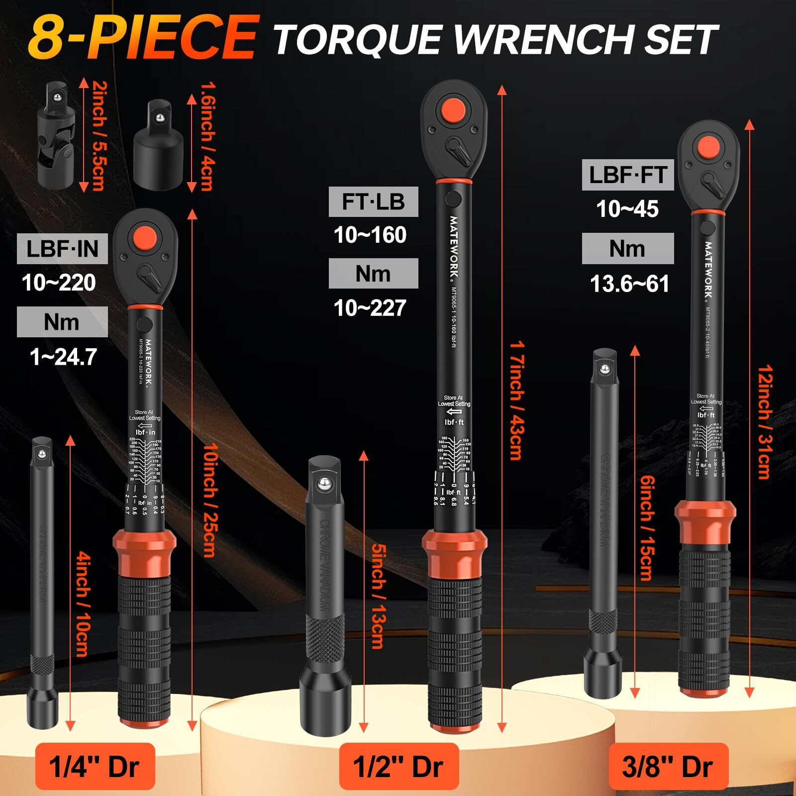 Upgraded Torque Wrench Set 8Pcs  1/4 3/8 1/2 Inch Drive Click Torque Wrench  10-220In.Lb  10-45Ft.Lb  10-160Ft.Lb  72-Tooth Dual Scale  3% Accuracy  5 Adapters  For Bike  Moto  Car Repair And Maint
