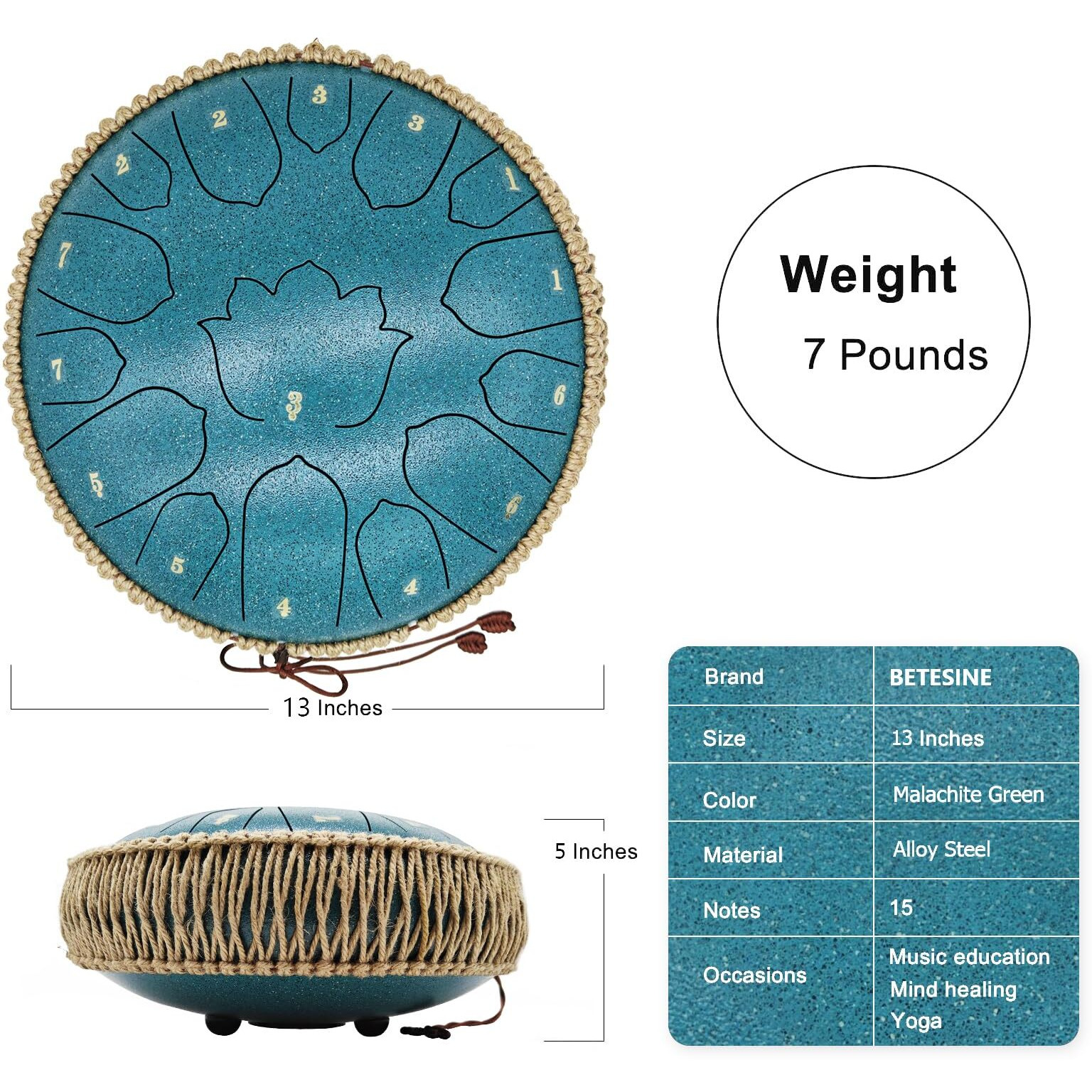 Betesine 13 Inch 15 Note Steel Tongue Drum - Handpan Drum & Rain Drum For Yoga & Stress Relief - Includes Mallets  Music Book & Carrying Bag - Rain Drum For Meditation (Malachite Green)