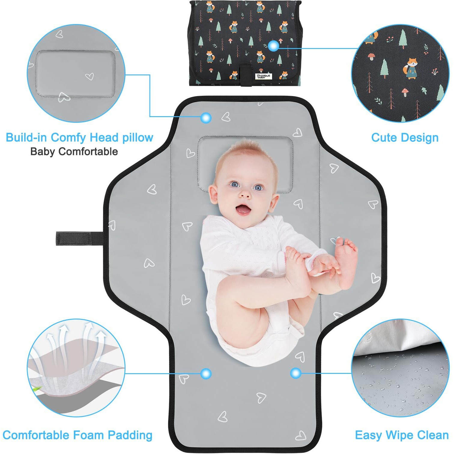 Baby Portable Changing Pad Travel - Waterproof Compact Diaper Changing Mat With Built-In Pillow - Lightweight & Foldable Changing Station  Newborn Shower Gifts