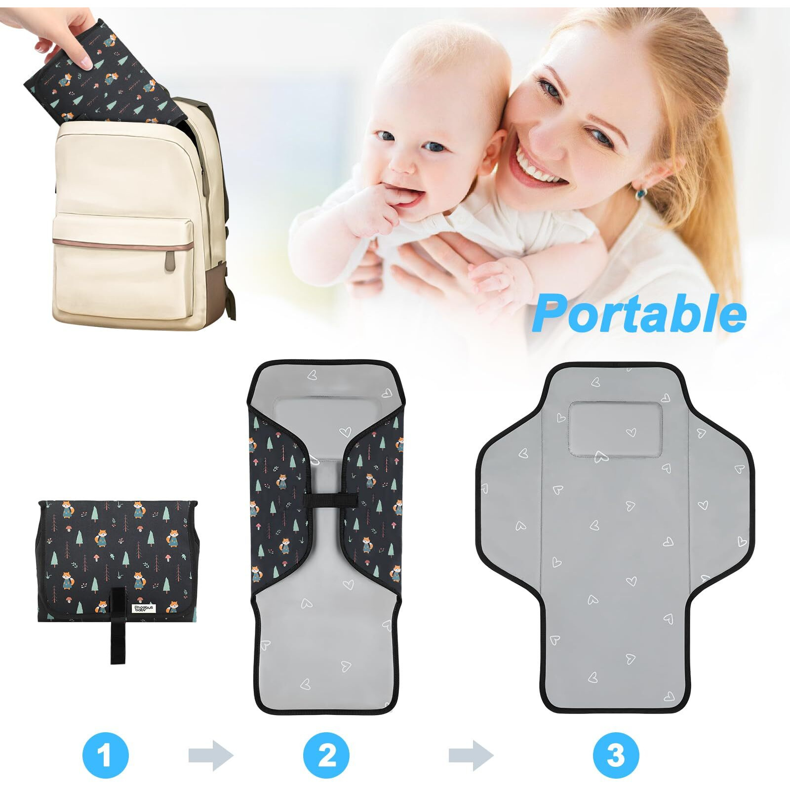 Baby Portable Changing Pad Travel - Waterproof Compact Diaper Changing Mat With Built-In Pillow - Lightweight & Foldable Changing Station  Newborn Shower Gifts
