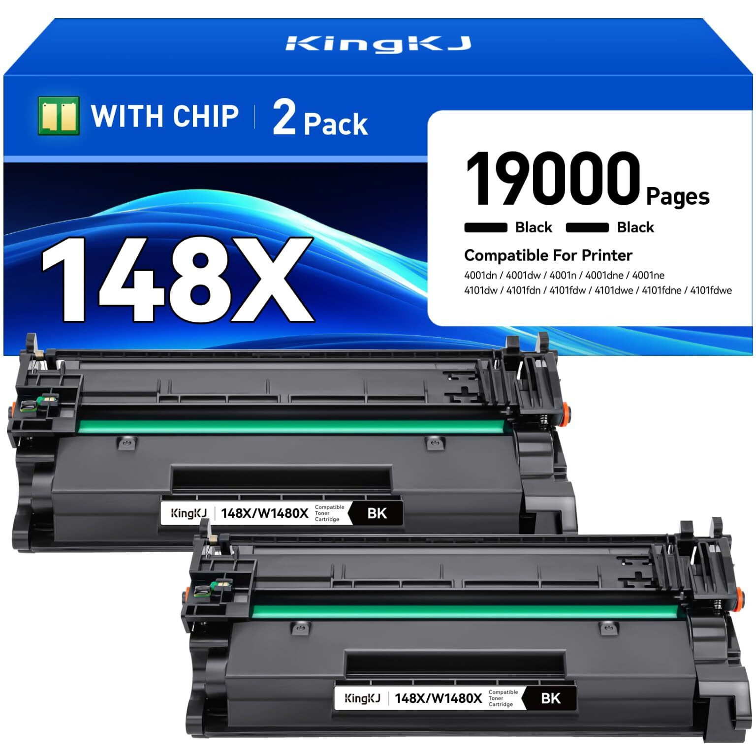 148X Toner Cartridge Black 2-Pack With Chip Compatible For Hp 148A 148X W1480X W1480A Laserjet Pro Mfp 4101Dw 4101Fdn 4101Fdw 4001Dn 4001Dw 4001N Printer Ink 4001Dne 4001Dwe 4101Dwe 4101Fdne 4101Fdwe