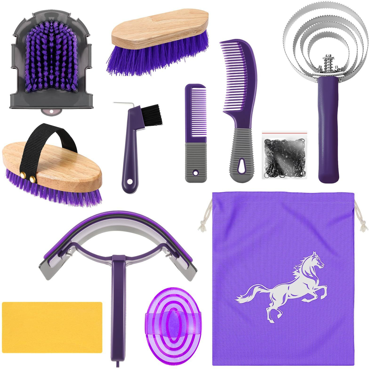 Abbylike 12 Pieces Horse Grooming Kit Racing Festival Tack Room Supplies Horse Brush Sets Equine Care Cleaning Kit Shedding Grooming Massaging Tools(Gray And Purple)