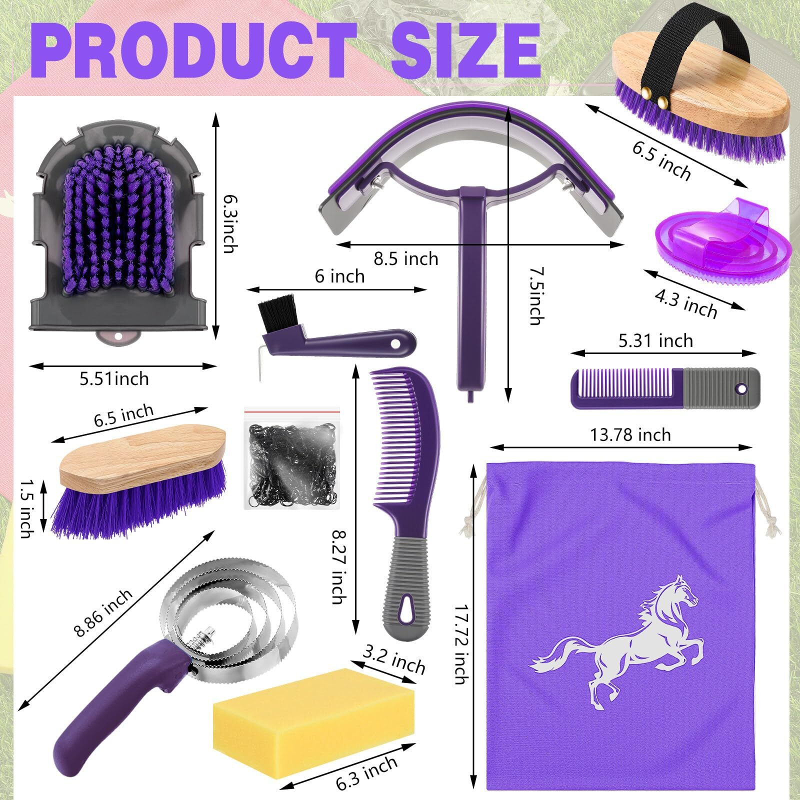 Abbylike 12 Pieces Horse Grooming Kit Racing Festival Tack Room Supplies Horse Brush Sets Equine Care Cleaning Kit Shedding Grooming Massaging Tools(Gray And Purple)