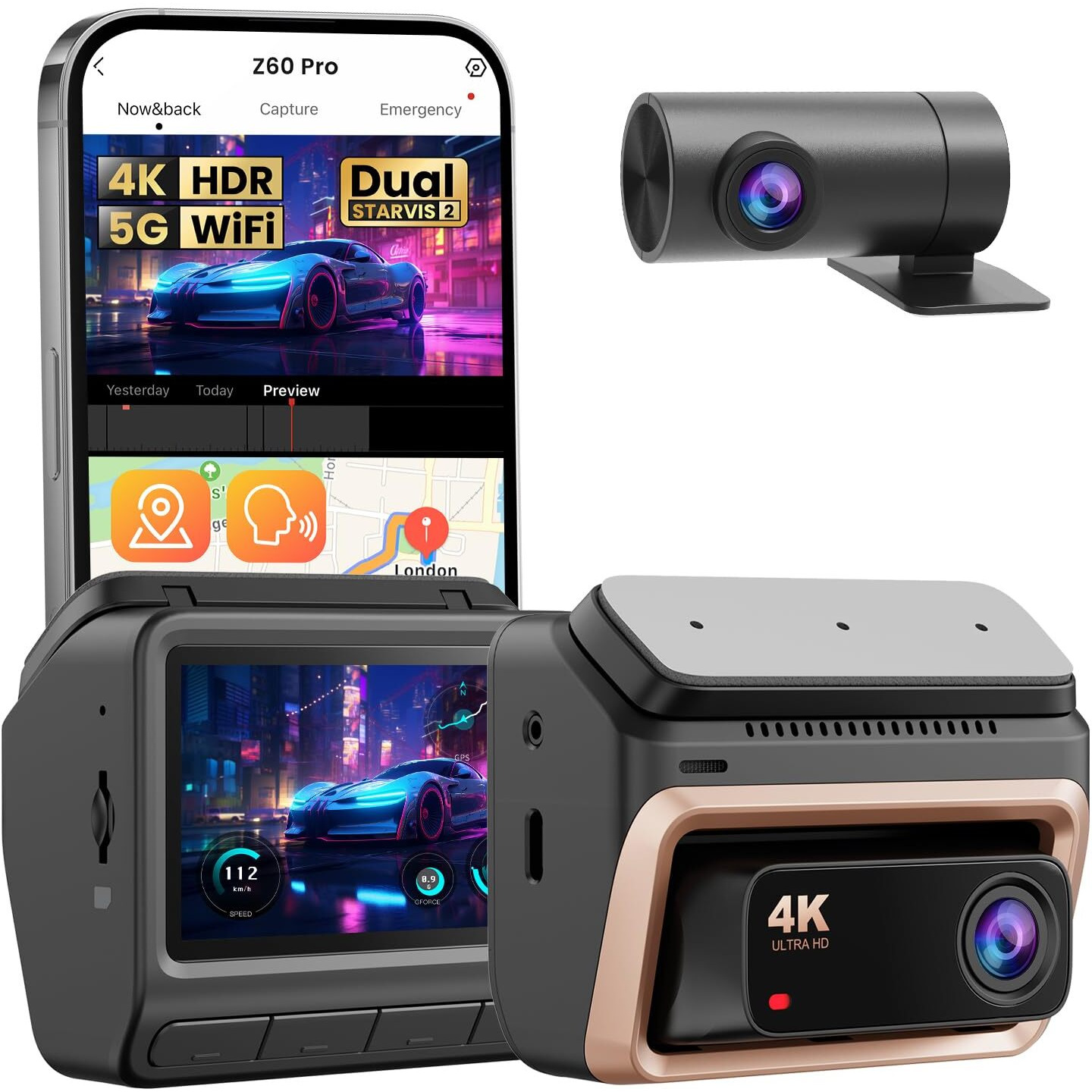Ddpai 4K Dash Cam Front And Rear  Dual Starvis 2 Imx678 Dashcam  4K+1080P 60Fps Hdr Dash Camera For Cars With 32Gb Emmc  5G Wifi Gps  3 "" Ips Screen  Night Vision  24H Parking Mode  G-Sensor  Z60 Pro