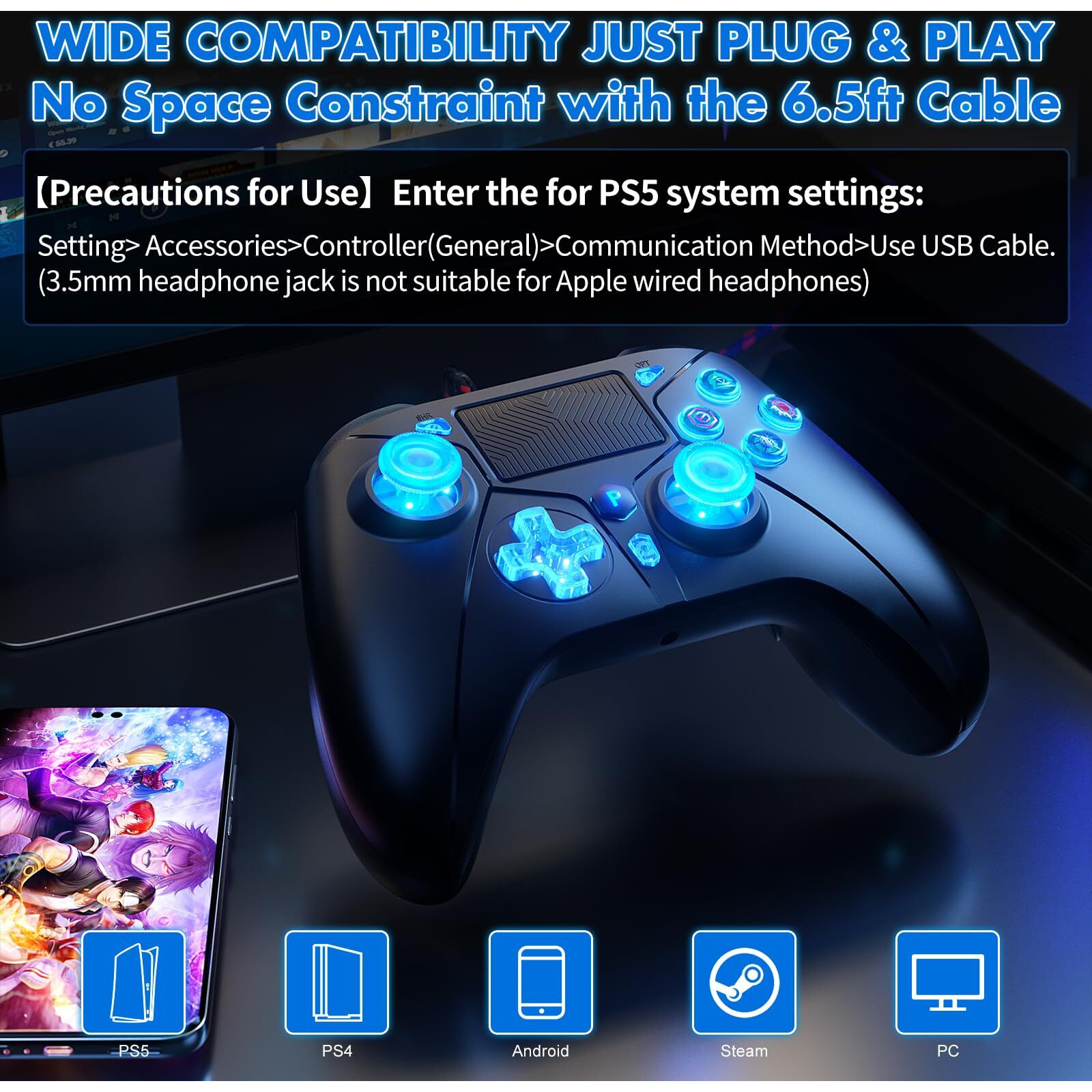 Compatible With Ps5 Controller  Wired Controller For Playstation 5/Ps4/Pc  Gaming Controllers  Gamepad With Dual Vibration 6-Axis Gyroscope Support Turbo Macro Multi Touch Pad 3.5Mm Audio Jack
