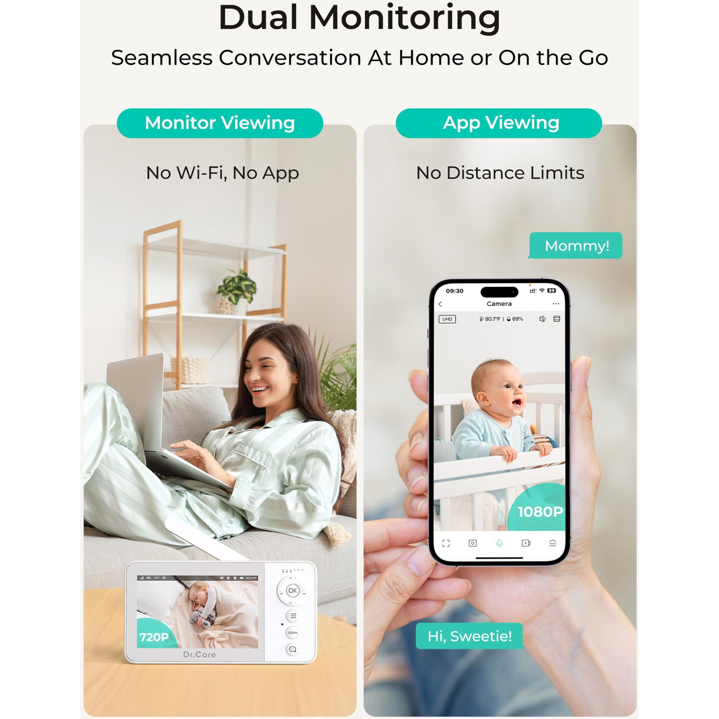 Dr.Care Vistaview Lite Rb Smart Wifi Baby Monitor - 4  720P Split Screen & 1080P Camera App Control  Motion Alerts  2500Mah Removable Battery  Hd Night Vision  2-Way Talk  Multi-User  Triple Security