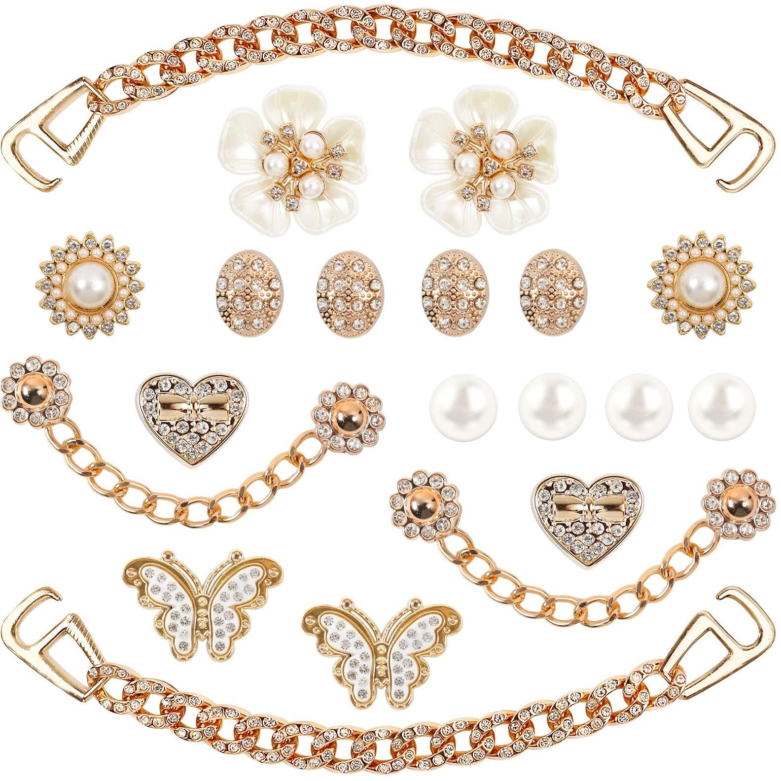 Coauxog 20Pcs Gold Bling Shoe Charms Women 's Jewelry Rhinestone Pearl Chain Decoration Charms Cute Butterfly Flower Shoe Charms Clogs Sandals Accessories Christmas Birthday Gifts Party Favors