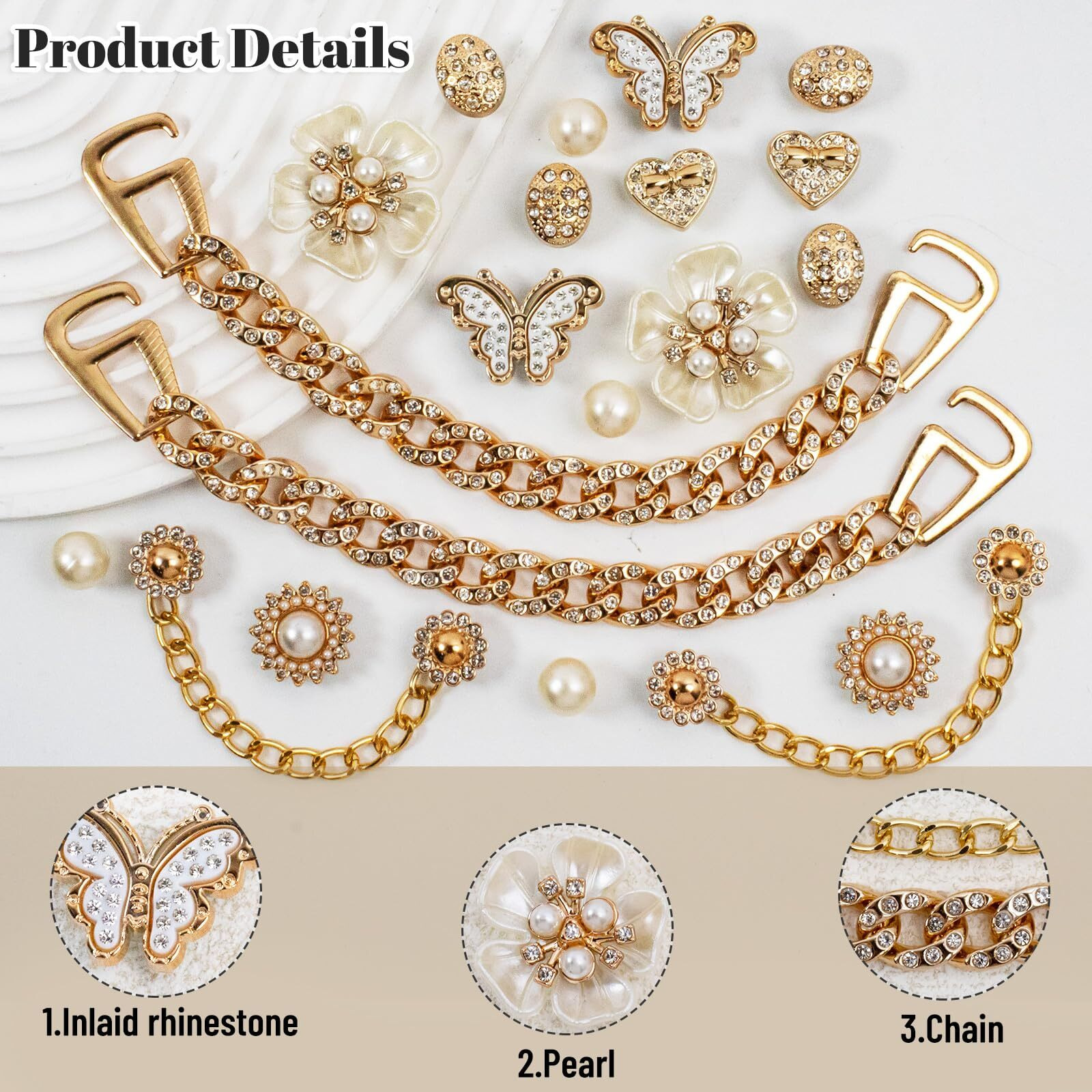 Coauxog 20Pcs Gold Bling Shoe Charms Women 's Jewelry Rhinestone Pearl Chain Decoration Charms Cute Butterfly Flower Shoe Charms Clogs Sandals Accessories Christmas Birthday Gifts Party Favors