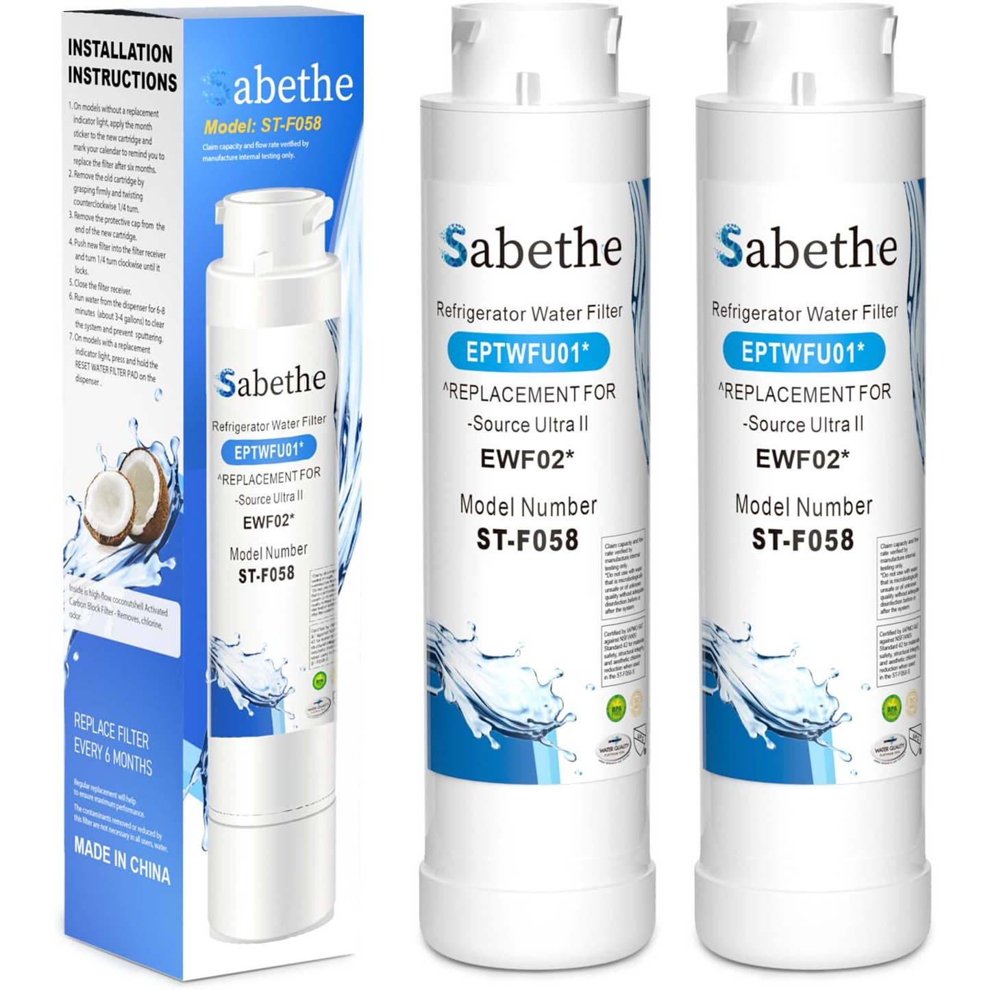 Sabethe Water Filter Replacement For Eptwfu01  Pure Source Ultra Ii  Fgss2635Td0  Fpbc2277Rf0  Ewf02  White (2 Count Pack Of)