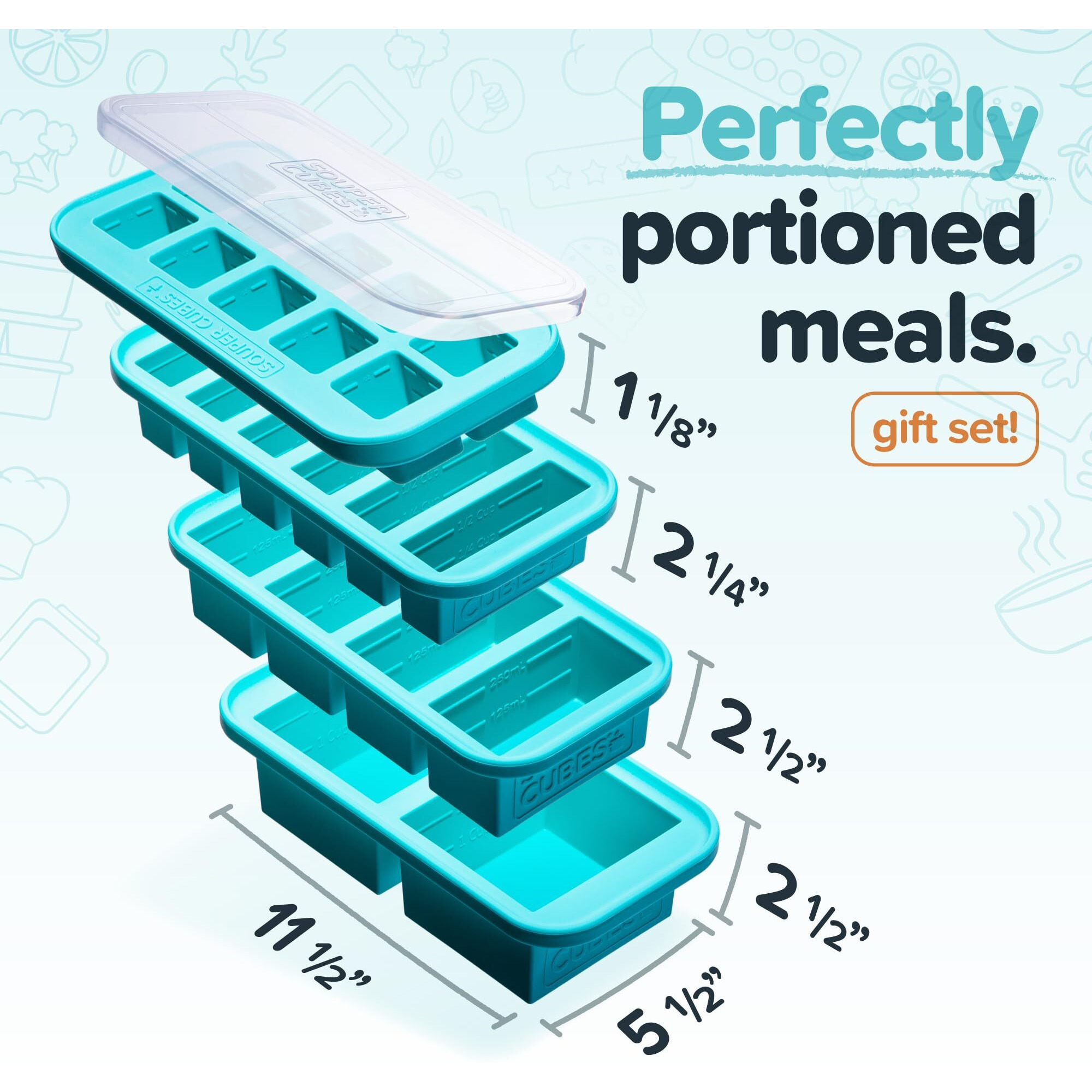 Souper Cubes Silicone Freezer Molds Gift Set With 2 Tbsp  1/2  1  And 2 Cup Silicone Freezer Trays With Lids - Meal Prep And Kitchen Essentials Bundle - Aqua