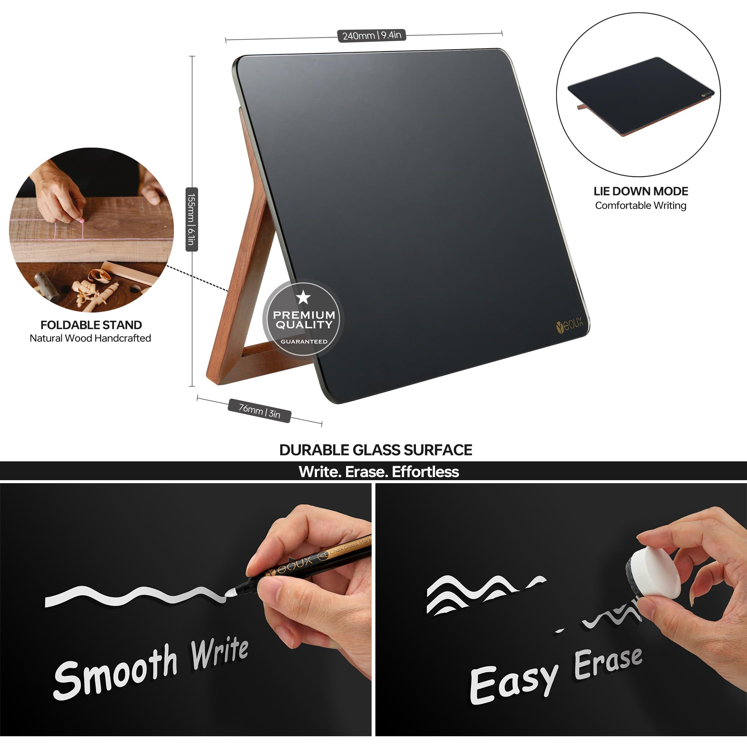 Black Glass Desk Whiteboard With Reversible Wood Stand  Small Portable Desktop Dry Erase White Board  Reusable Desk Notepad Easel 6.7"&quotX9.5"" For Office  Home  Kitchen  Marker&Eraser Included  Yeoux